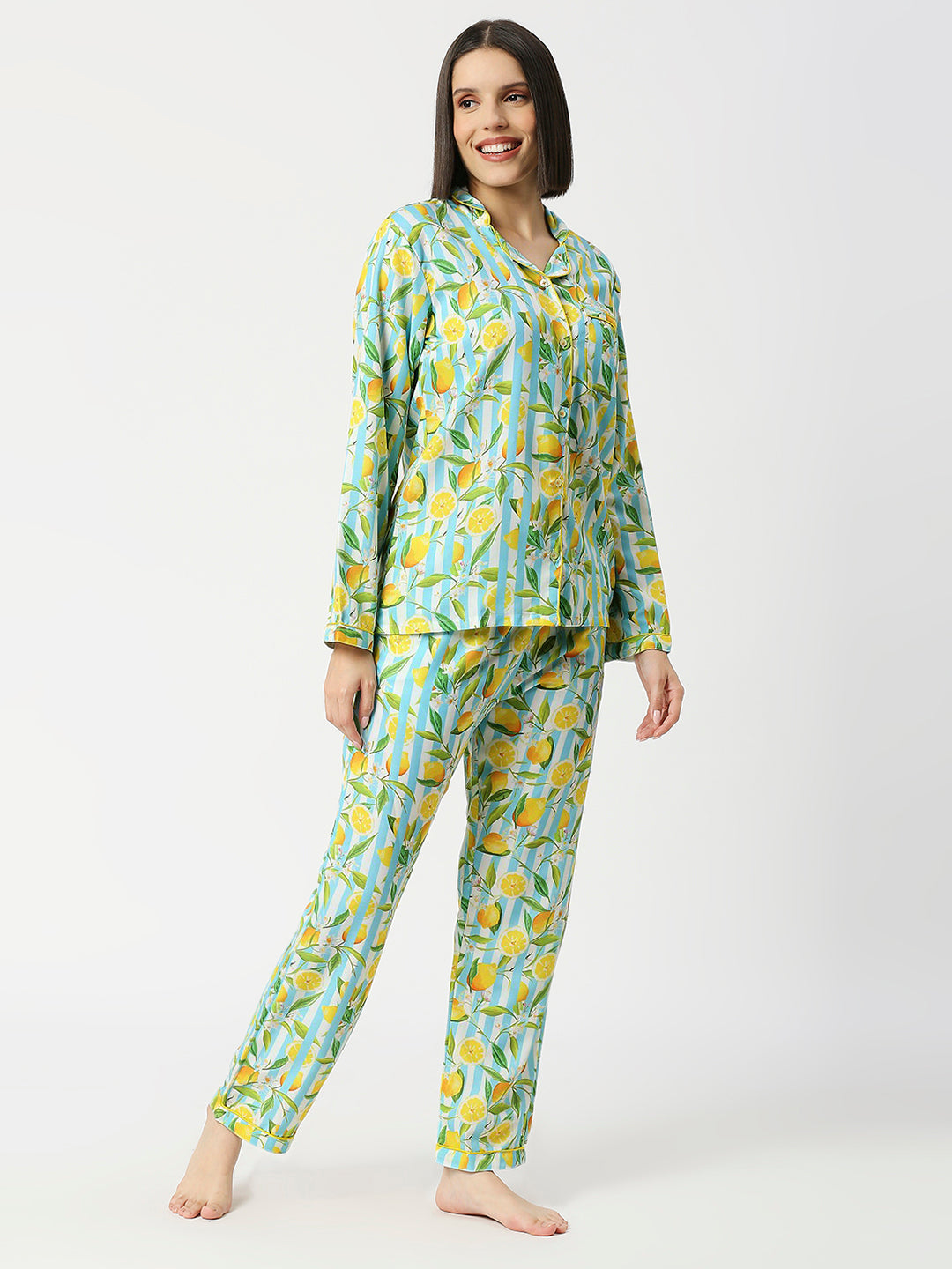 Blue Lemonade Button Down Pj Set - Cotton Rayon Pj Set with Notched Collar