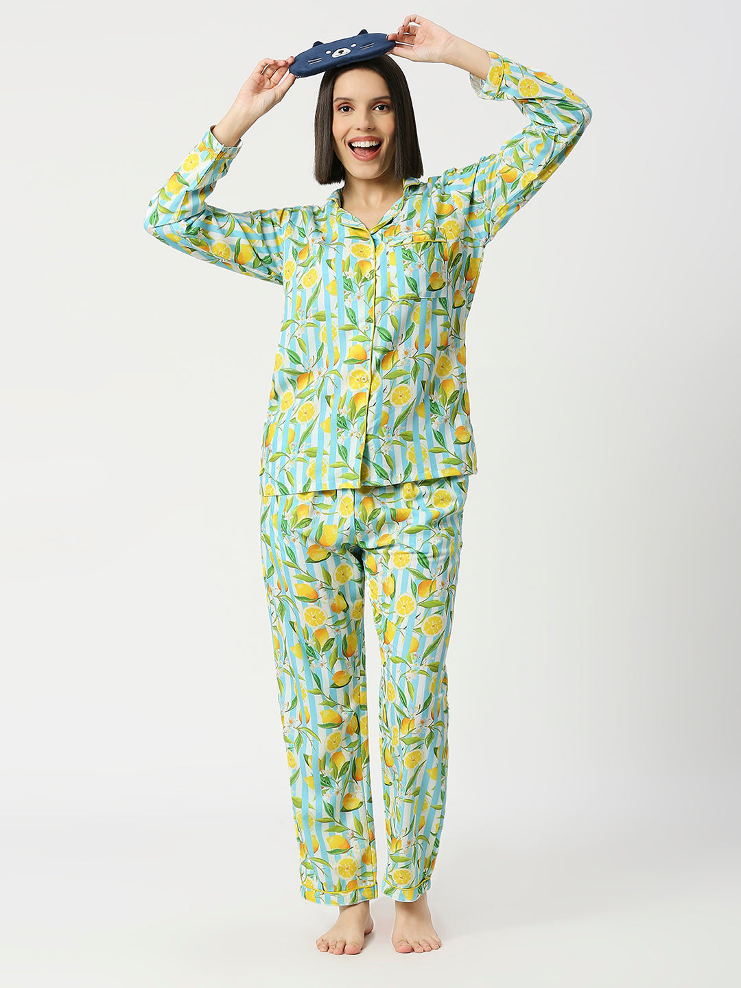Blue Lemonade Button Down Pj Set - Cotton Rayon Pj Set with Notched Collar