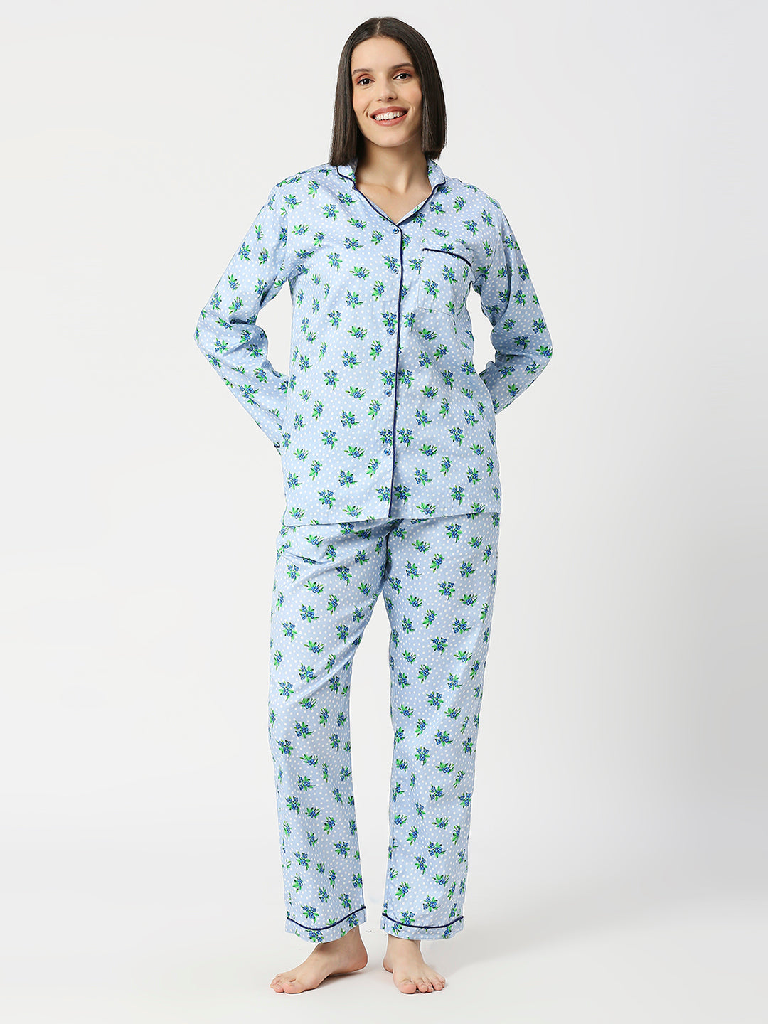 Blueberry Button Down Pj Set - Pure Cotton Pj Set with Notched Collar