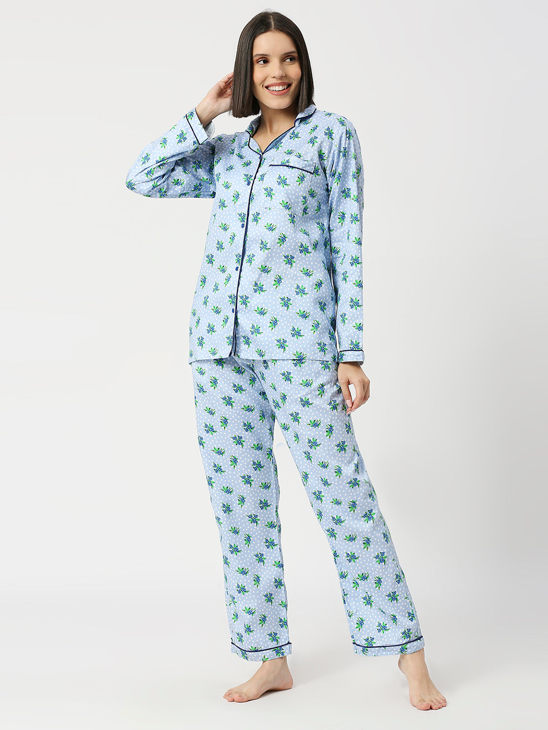 Blueberry Button Down Pj Set - Pure Cotton Pj Set with Notched Collar