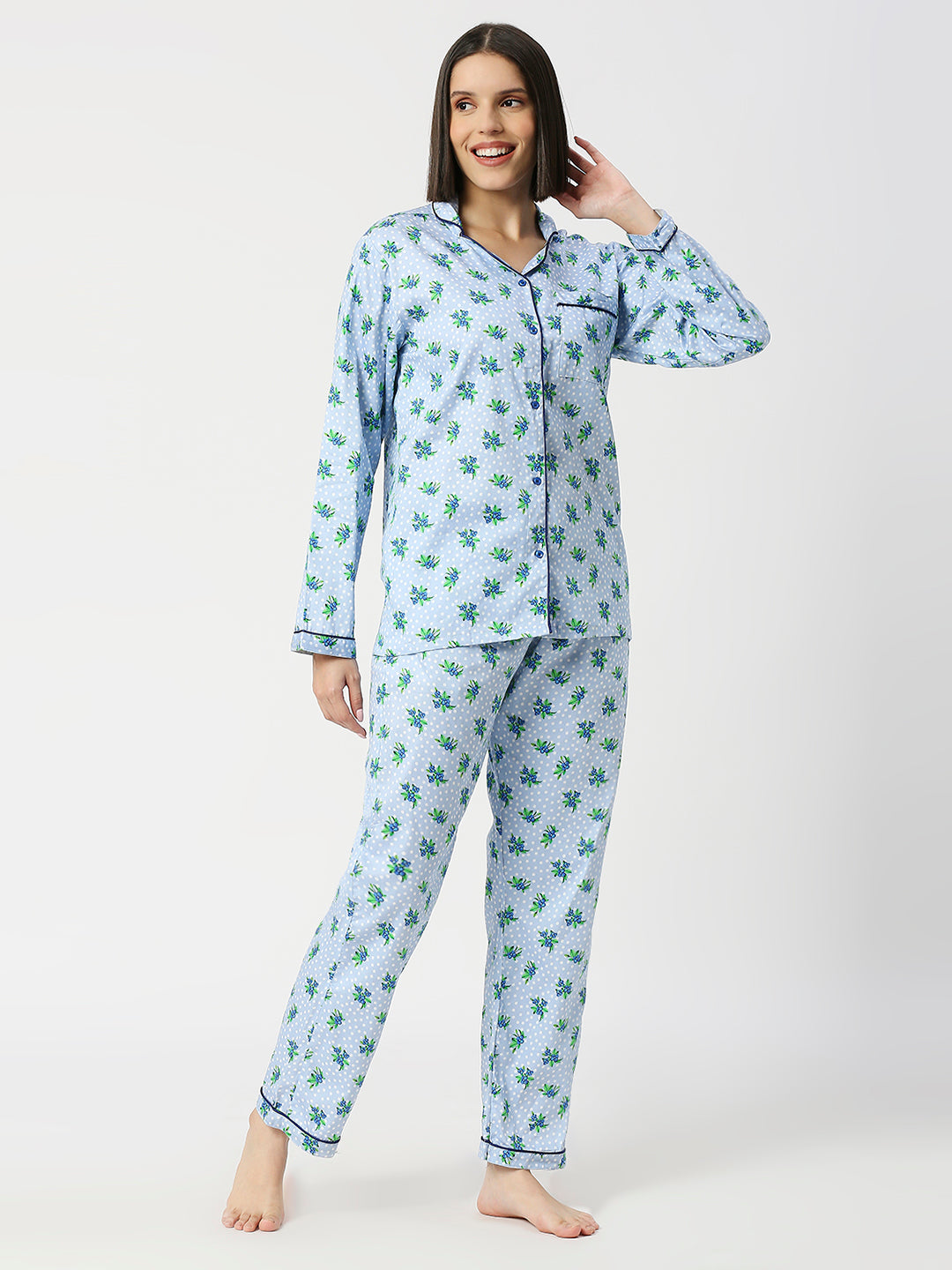 Blueberry Button Down Pj Set - Pure Cotton Pj Set with Notched Collar