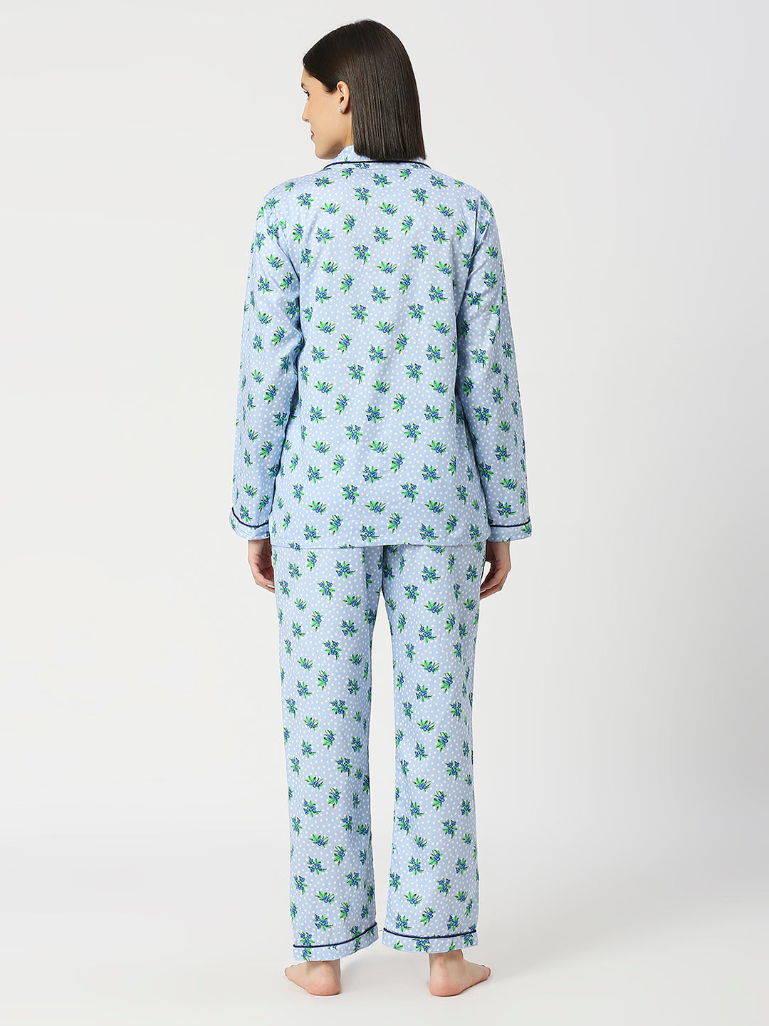 Blueberry Button Down Pj Set - Pure Cotton Pj Set with Notched Collar
