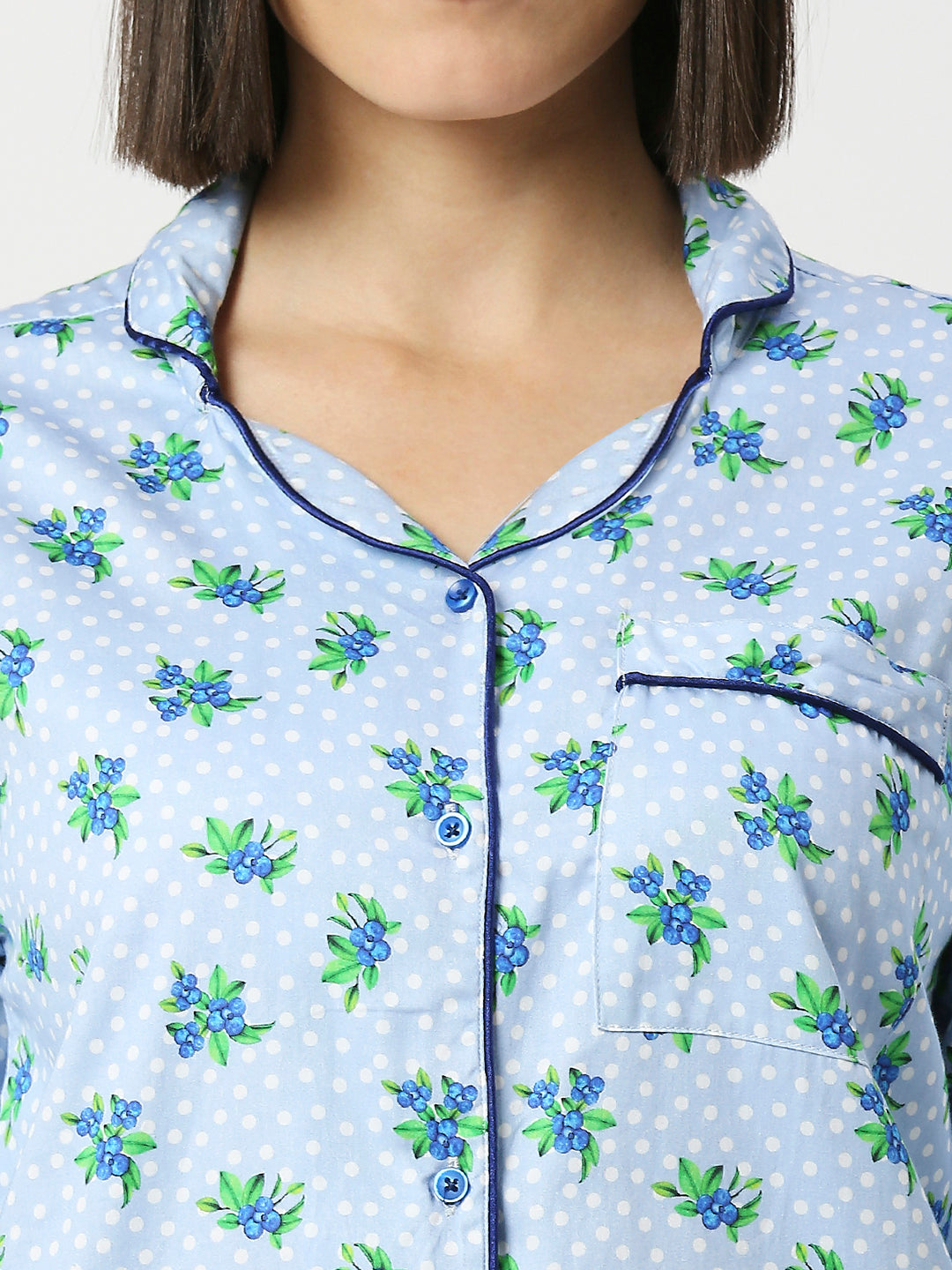 Blueberry Button Down Pj Set - Pure Cotton Pj Set with Notched Collar