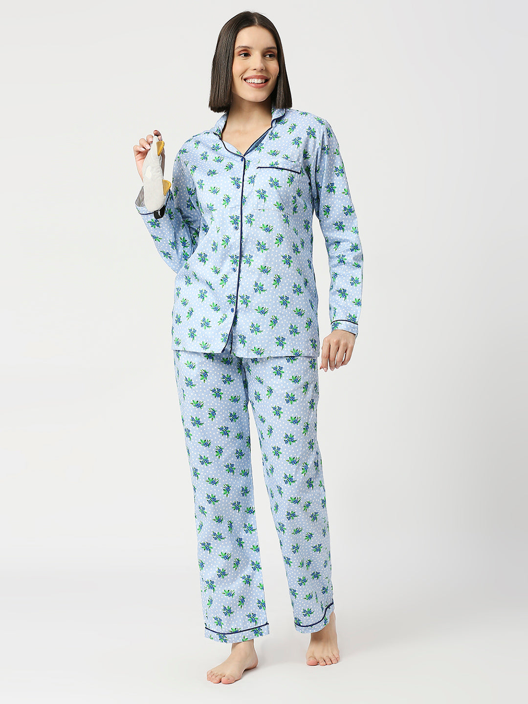 Blueberry Button Down Pj Set - Pure Cotton Pj Set with Notched Collar