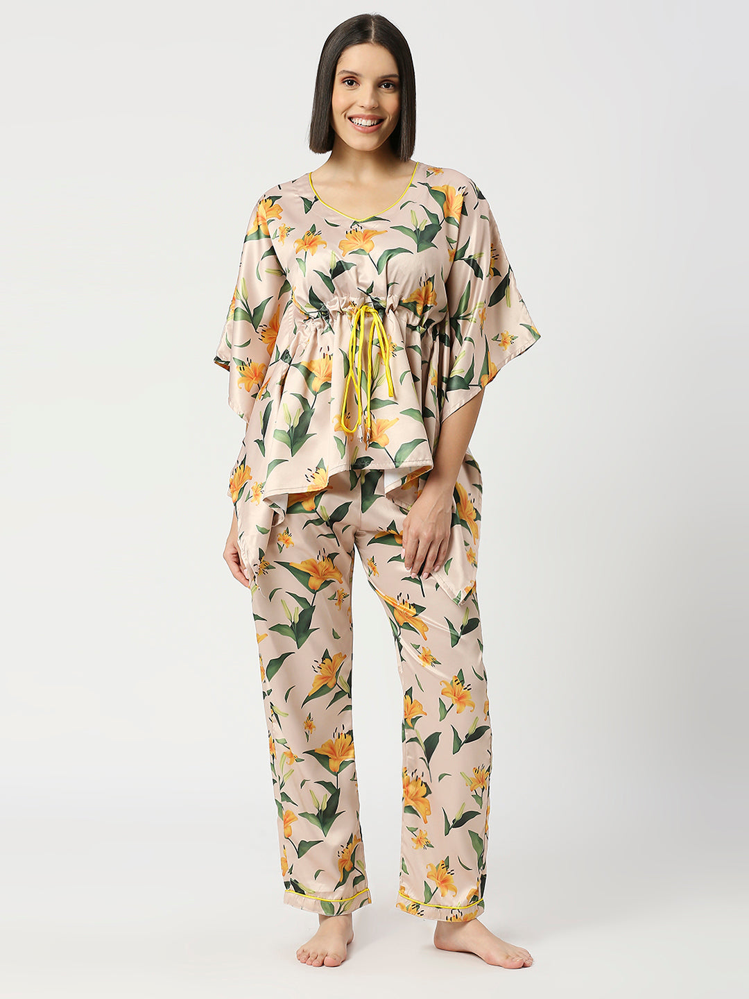 Yellow Blossom Satin Kaftan Pj Set - Luxury Printed Kaftan Pj Set