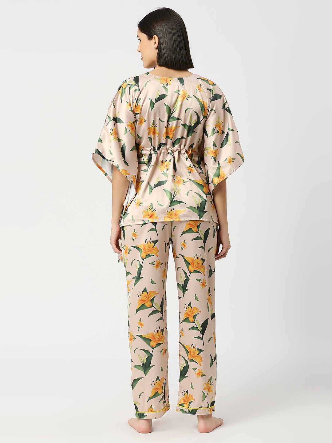 Yellow Blossom Satin Kaftan Pj Set - Luxury Printed Kaftan Pj Set