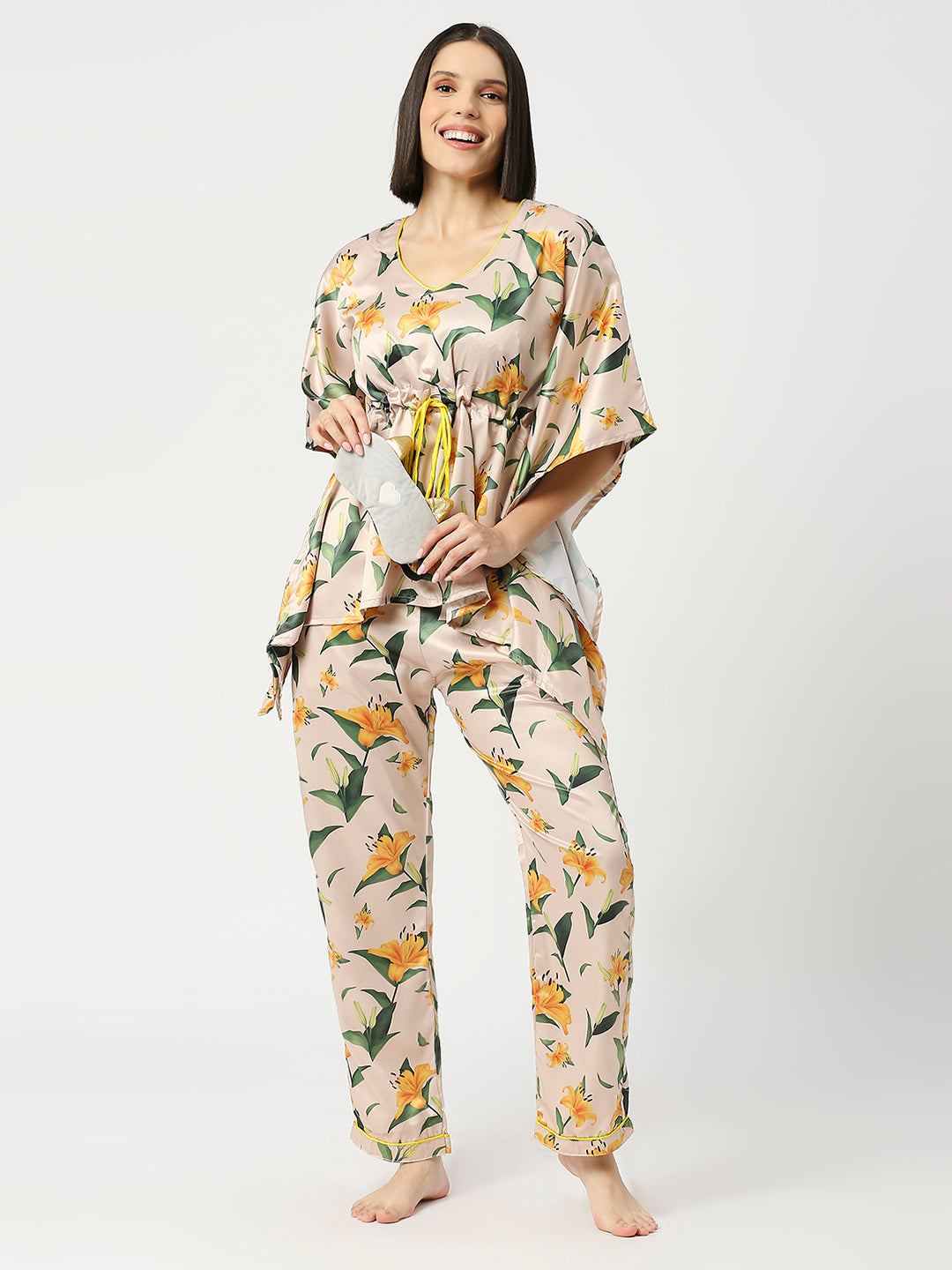 Yellow Blossom Satin Kaftan Pj Set - Luxury Printed Kaftan Pj Set