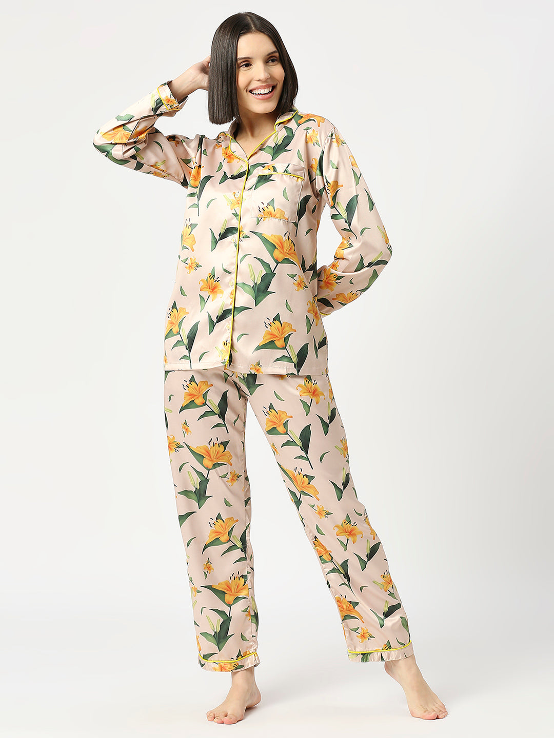 Yellow Blossom Satin Pj Set - Luxury Printed Button Down Pj Set