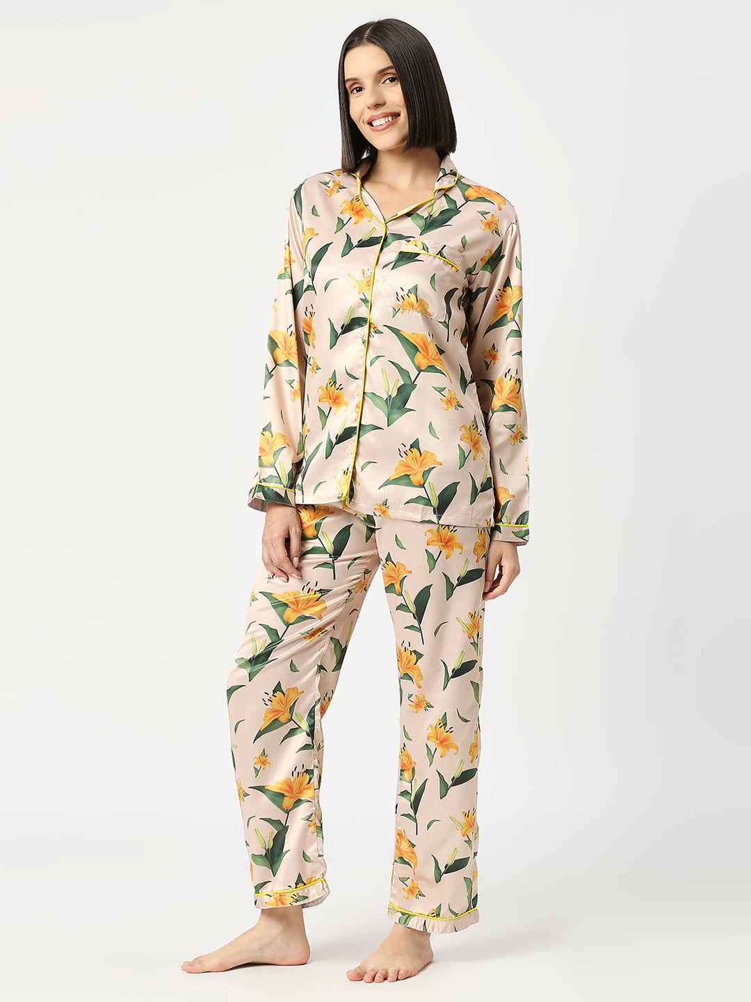 Yellow Blossom Satin Pj Set - Luxury Printed Button Down Pj Set