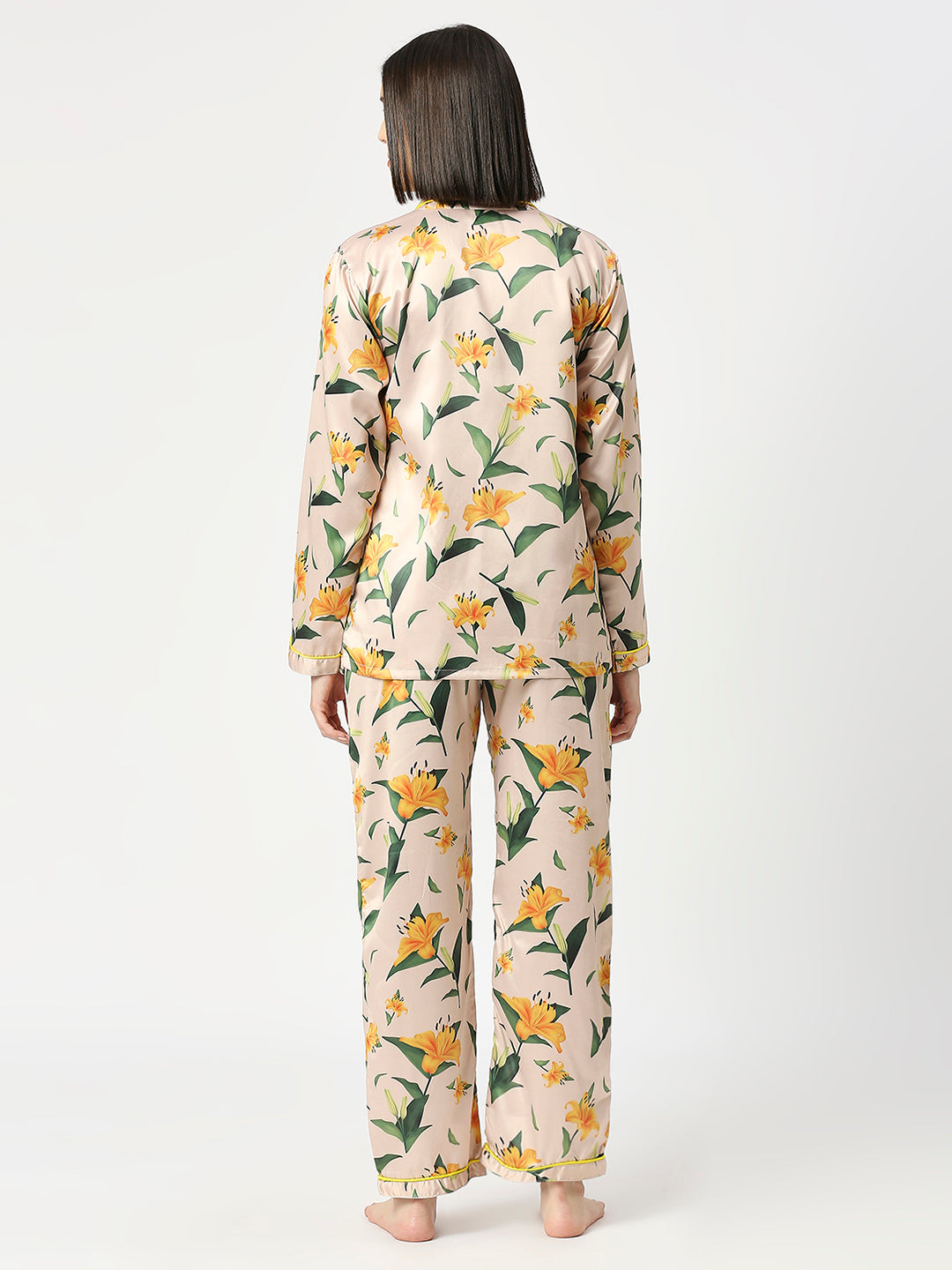 Yellow Blossom Satin Pj Set - Luxury Printed Button Down Pj Set