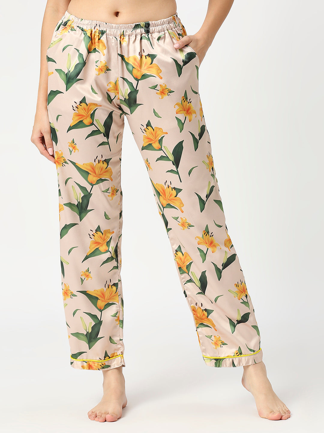 Yellow Blossom Satin Pj Set - Luxury Printed Button Down Pj Set