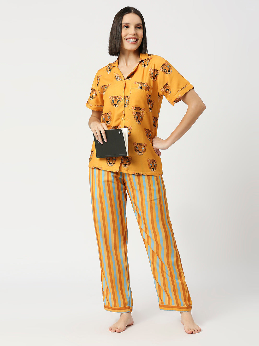 Lady Leopard Button Down Pj Set - Cotton Rayon Pj Set with Notched Collar