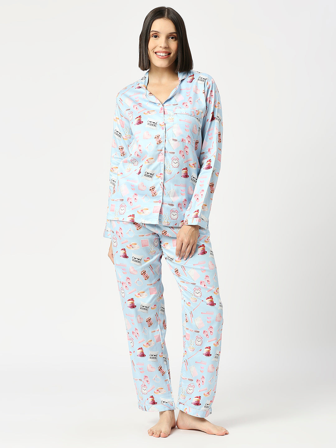 Good Morning Button Down Pj Set - Pure Cotton Pj Set with Notched Collar