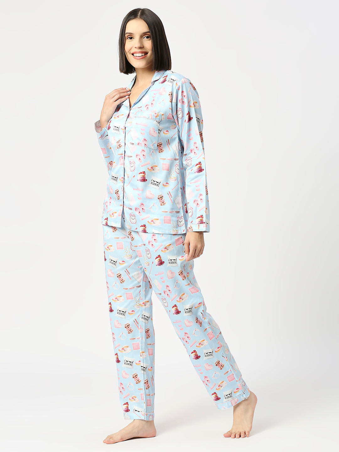 Good Morning Button Down Pj Set - Pure Cotton Pj Set with Notched Collar