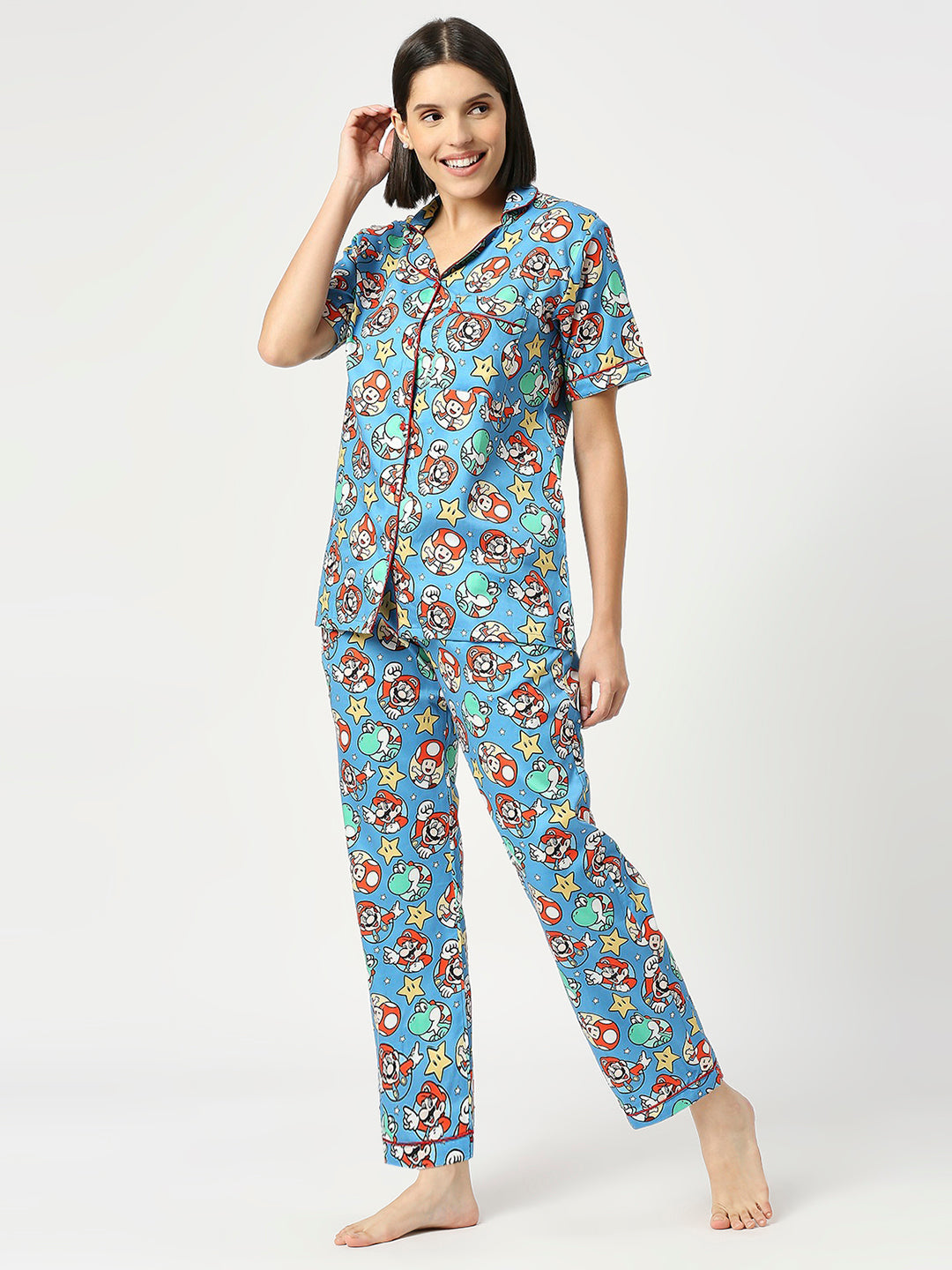 Super Mario Button Down Pj Set - Pure Cotton Pj Set with Notched Collar