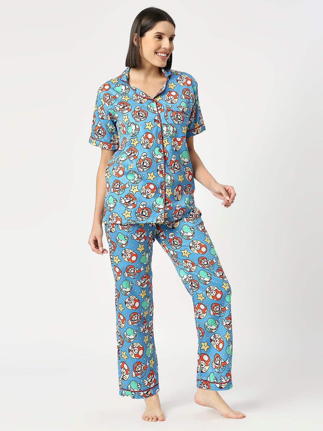 Super Mario Button Down Pj Set - Pure Cotton Pj Set with Notched Collar