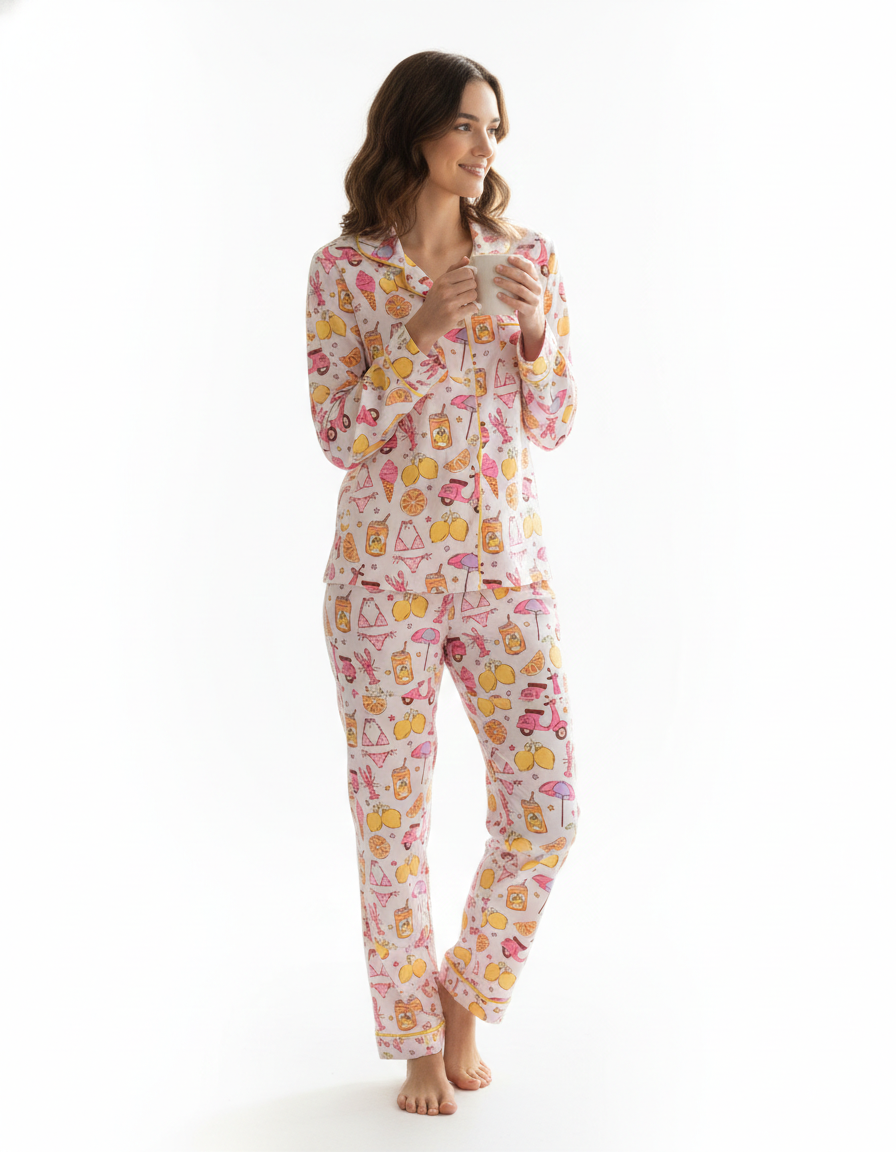 Tropical Joy Button Down Pj Set - Cotton Rayon Pj Set with Notched Collar