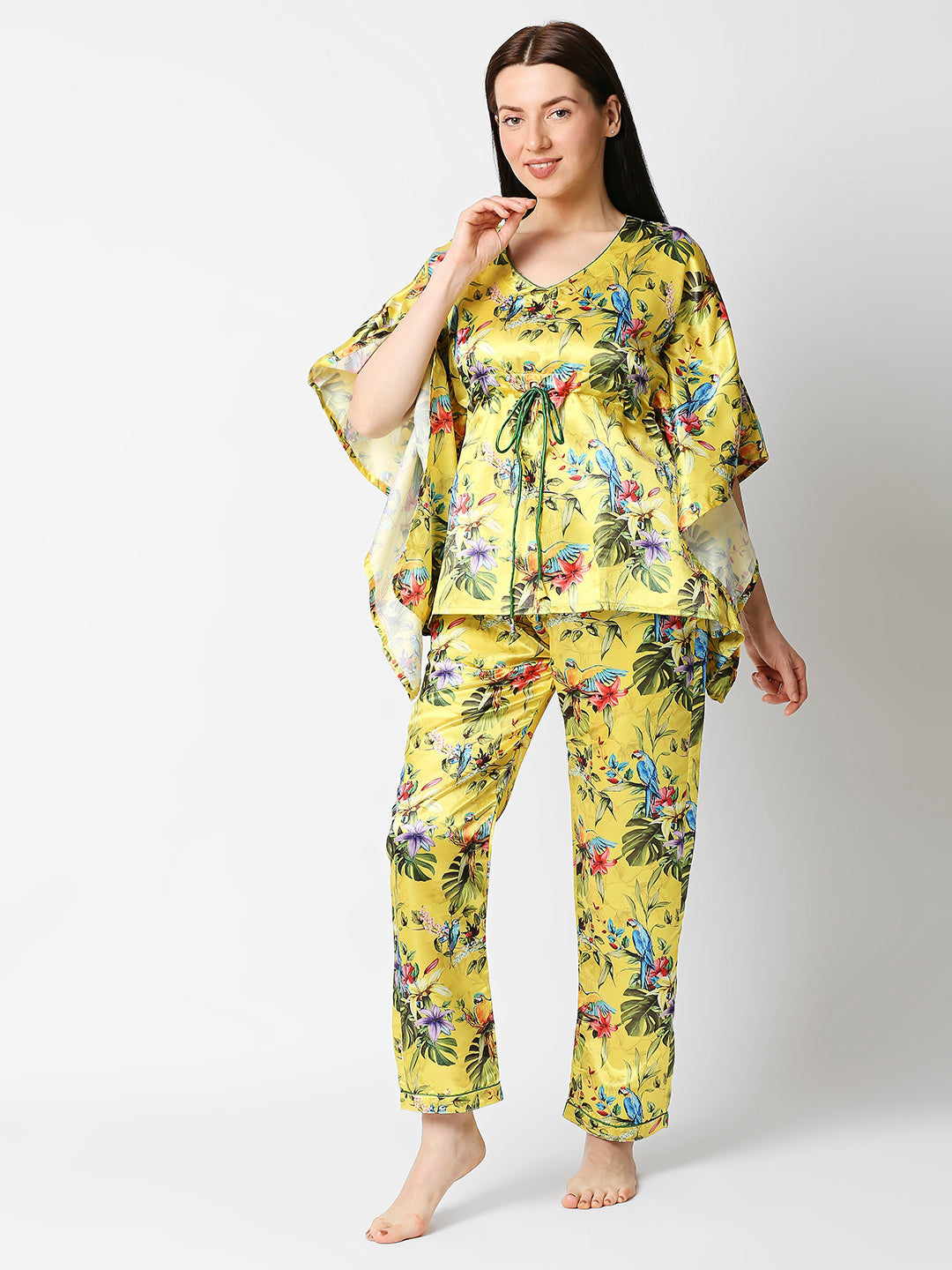 Tropical Paradise Satin Kaftan Pj Set - Luxury Printed Kaftan Pj Set
