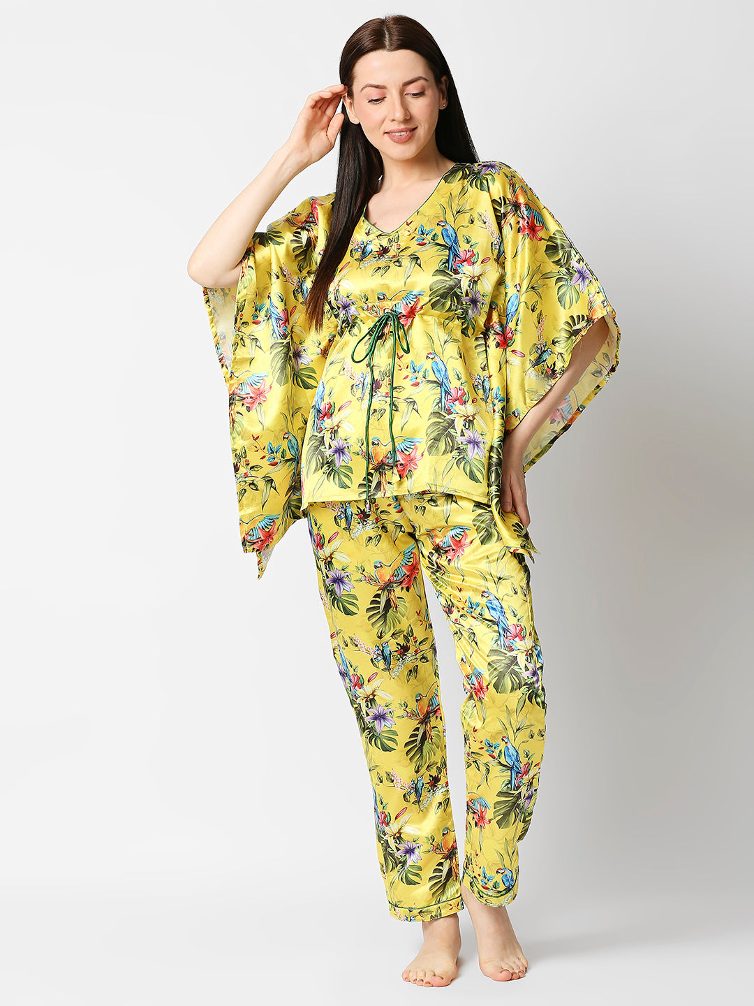Tropical Paradise Satin Kaftan Pj Set - Luxury Printed Kaftan Pj Set
