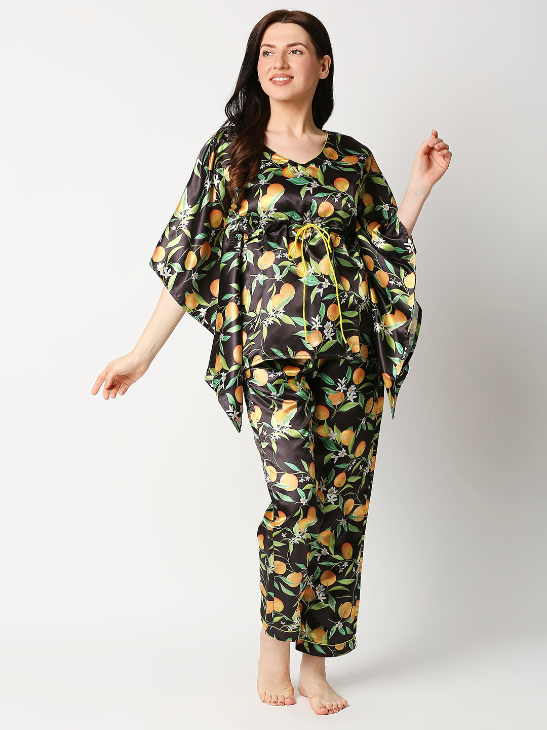 Orange Blossom Satin Kaftan Pj Set - Luxury Printed Kaftan Pj Set