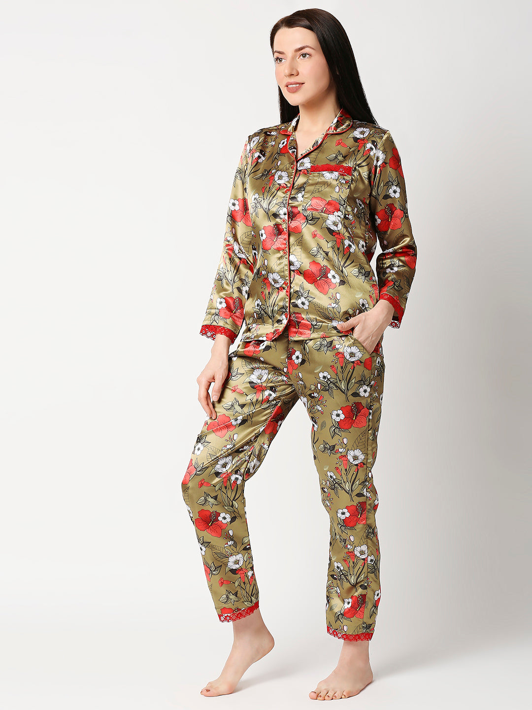 Red Hibiscus Satin Pj Set - Luxury Printed Button Down Pj Set