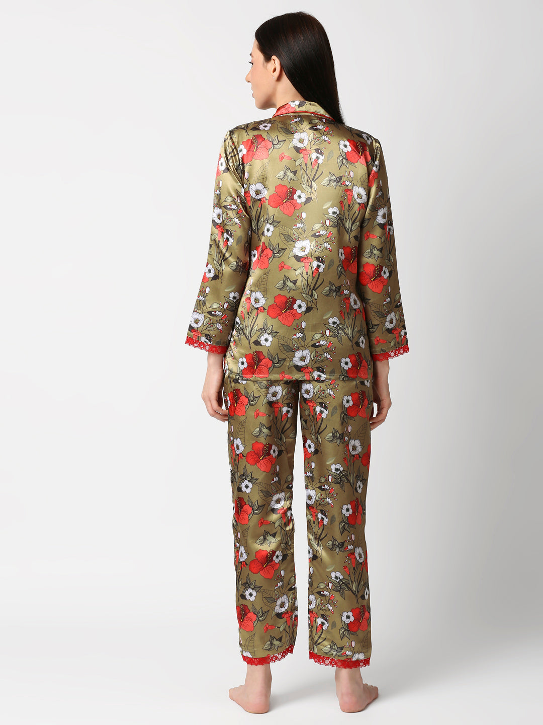 Red Hibiscus Satin Pj Set - Luxury Printed Button Down Pj Set