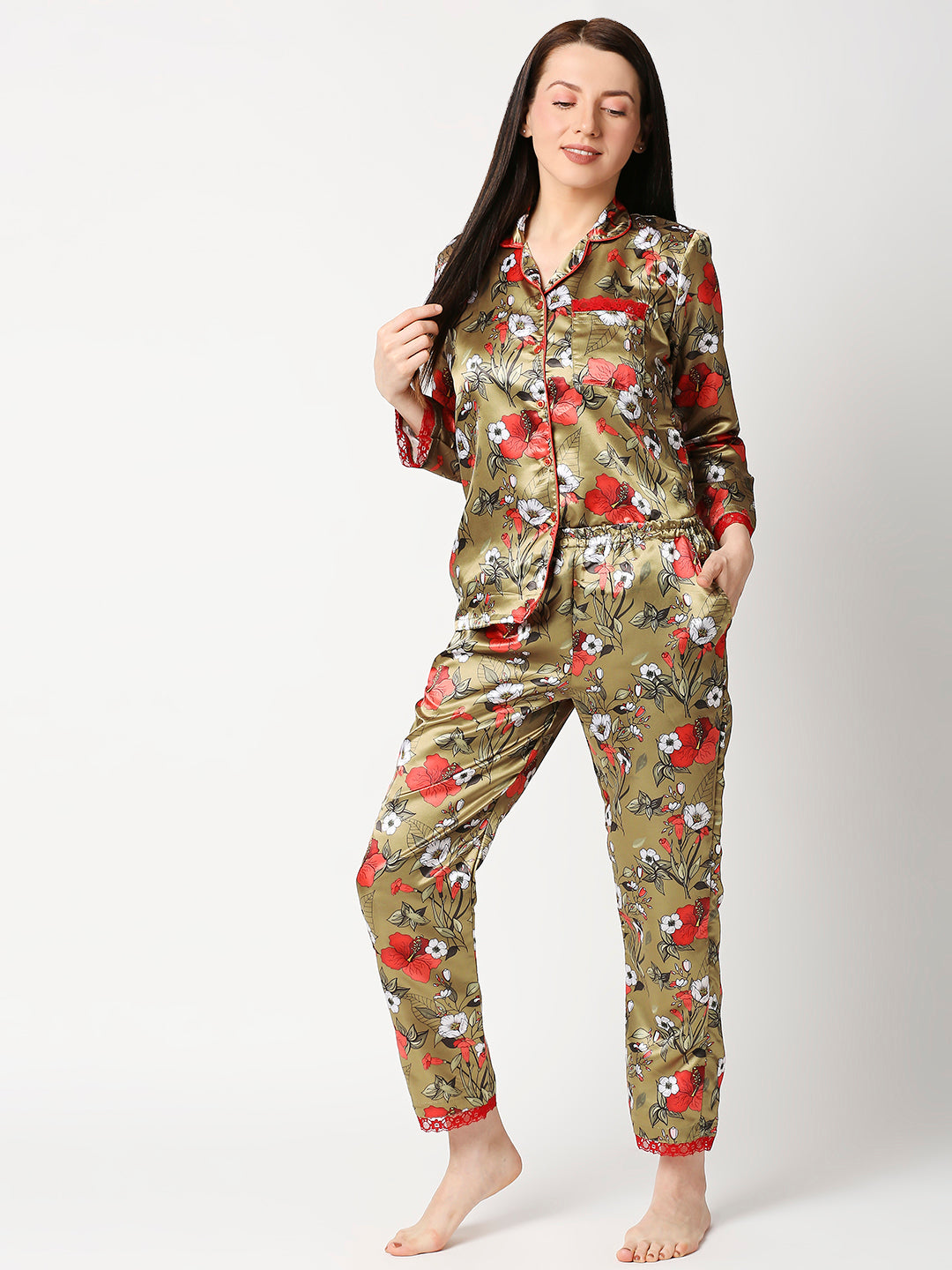 Red Hibiscus Satin Pj Set - Luxury Printed Button Down Pj Set