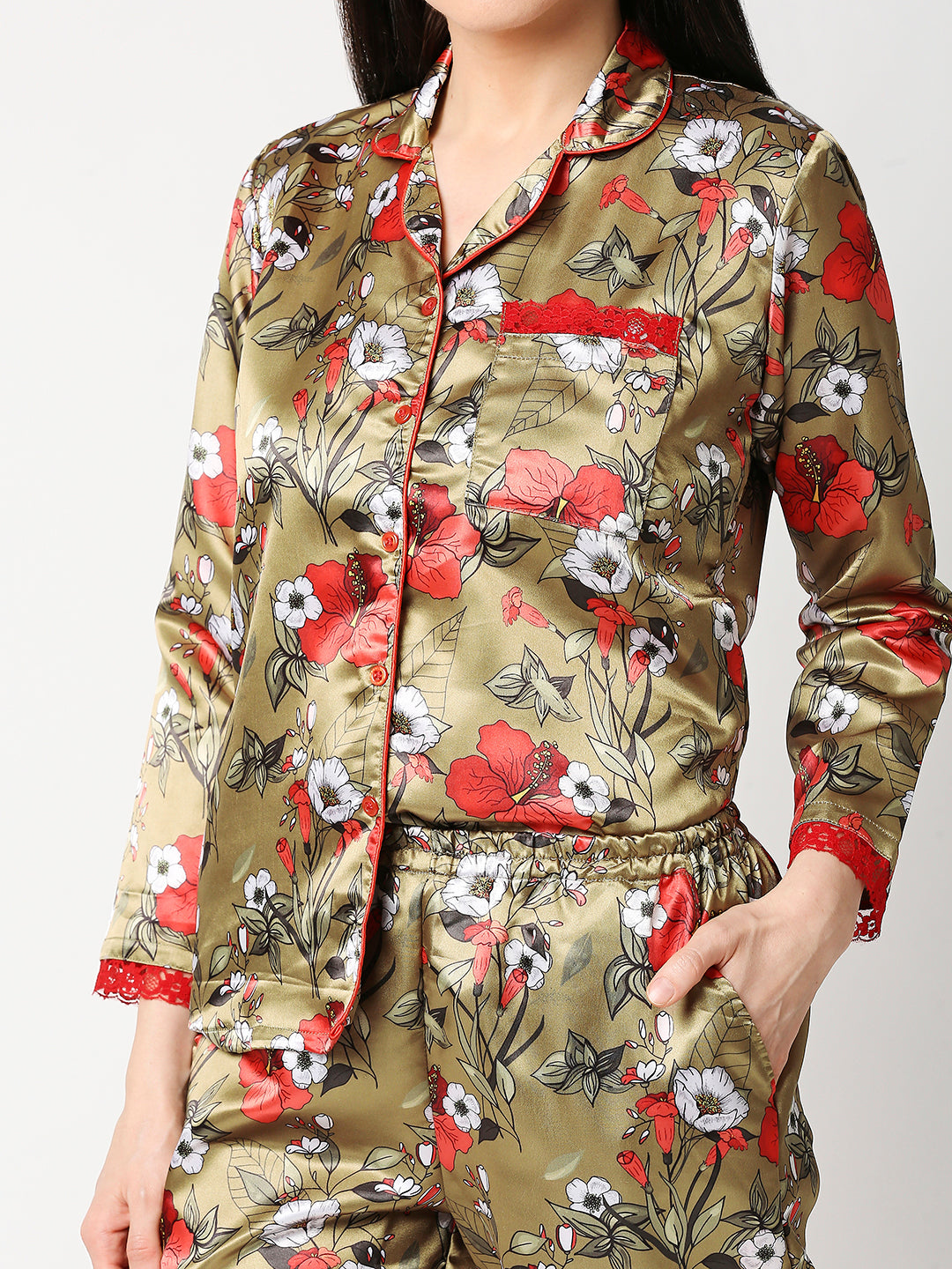 Red Hibiscus Satin Pj Set - Luxury Printed Button Down Pj Set
