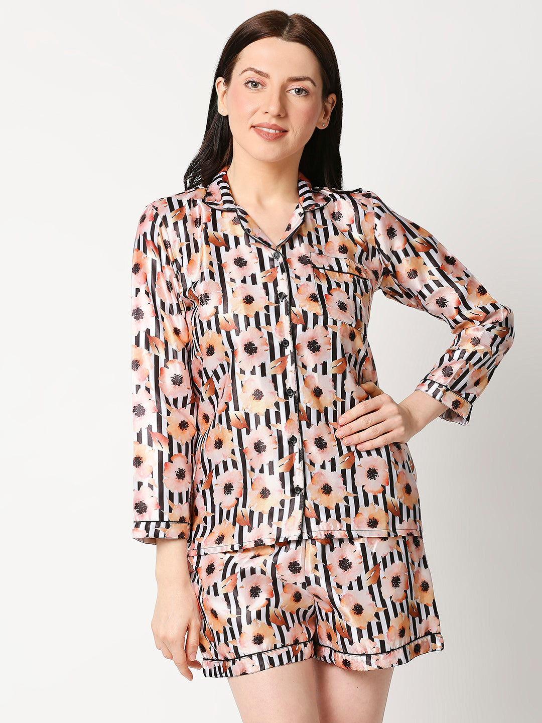 Peaches & Stripes Satin Shorts Set - Luxury Printed Button Down Pj Set