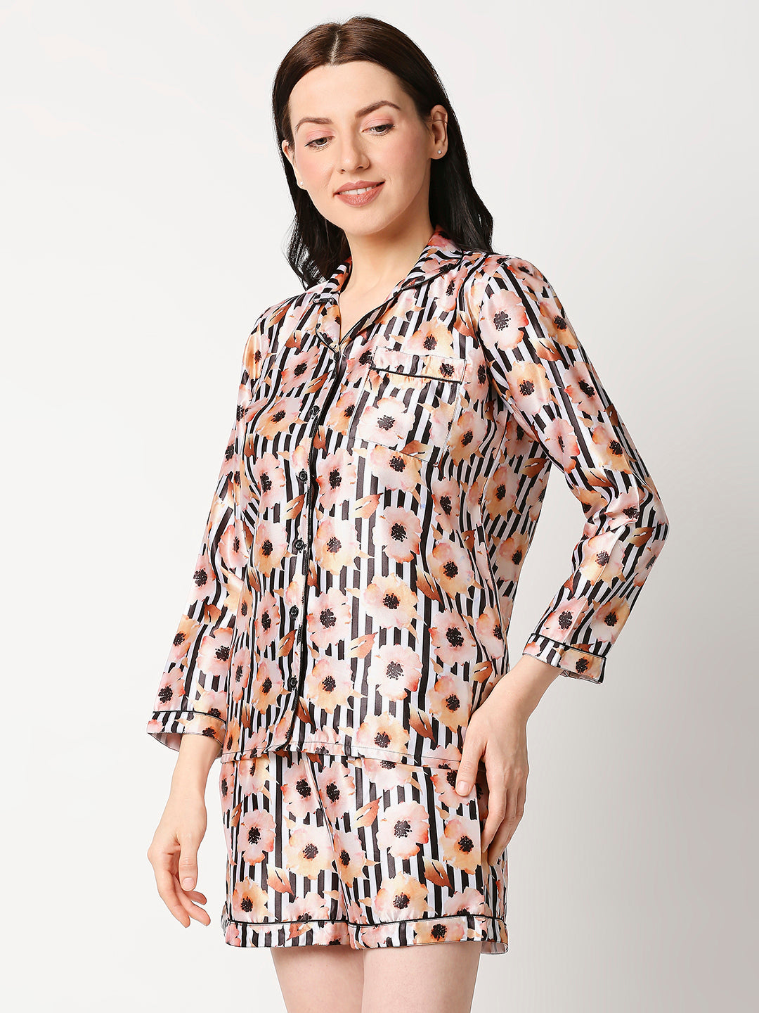 Peaches & Stripes Satin Shorts Set - Luxury Printed Button Down Pj Set