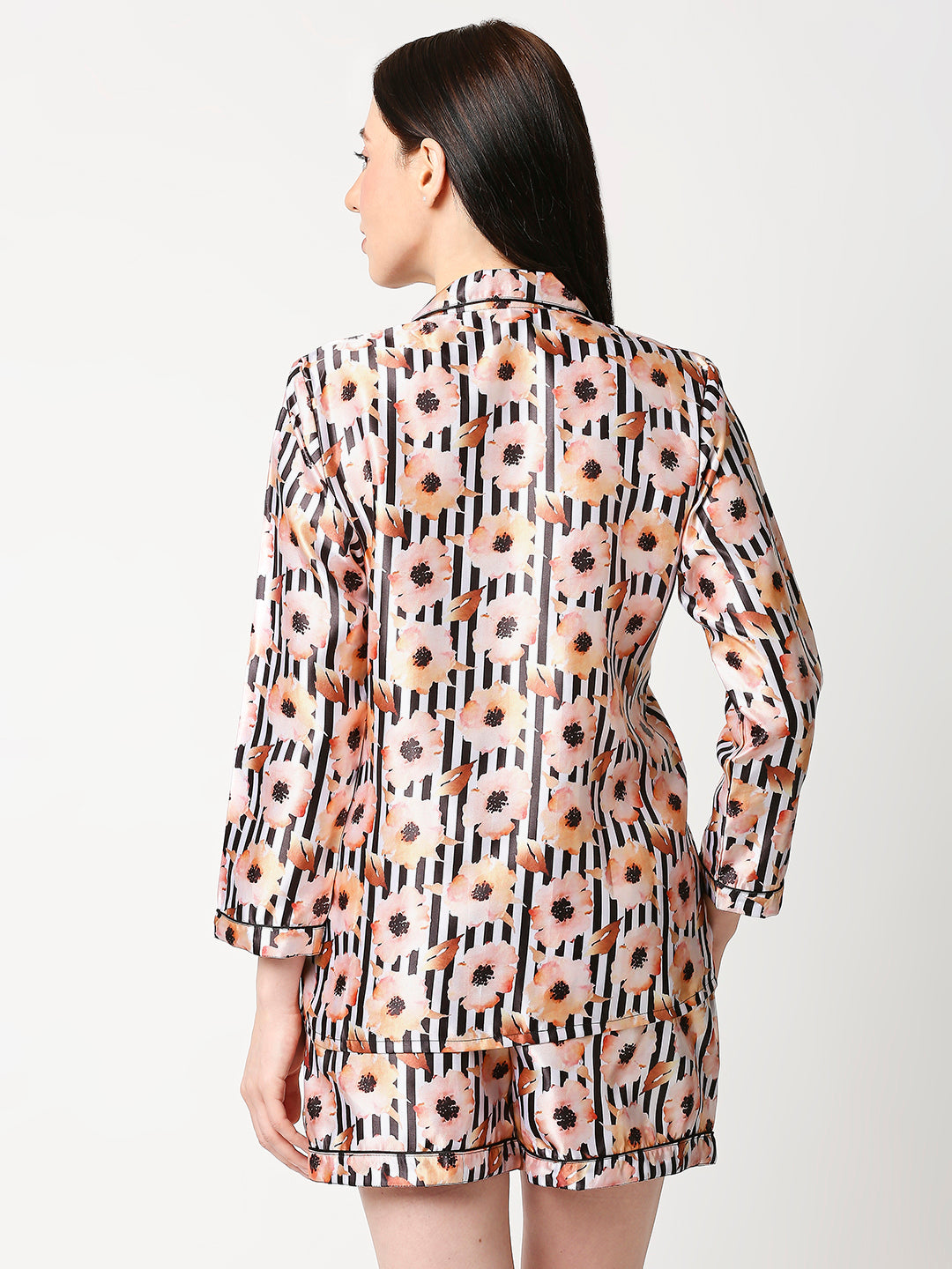Peaches & Stripes Satin Shorts Set - Luxury Printed Button Down Pj Set