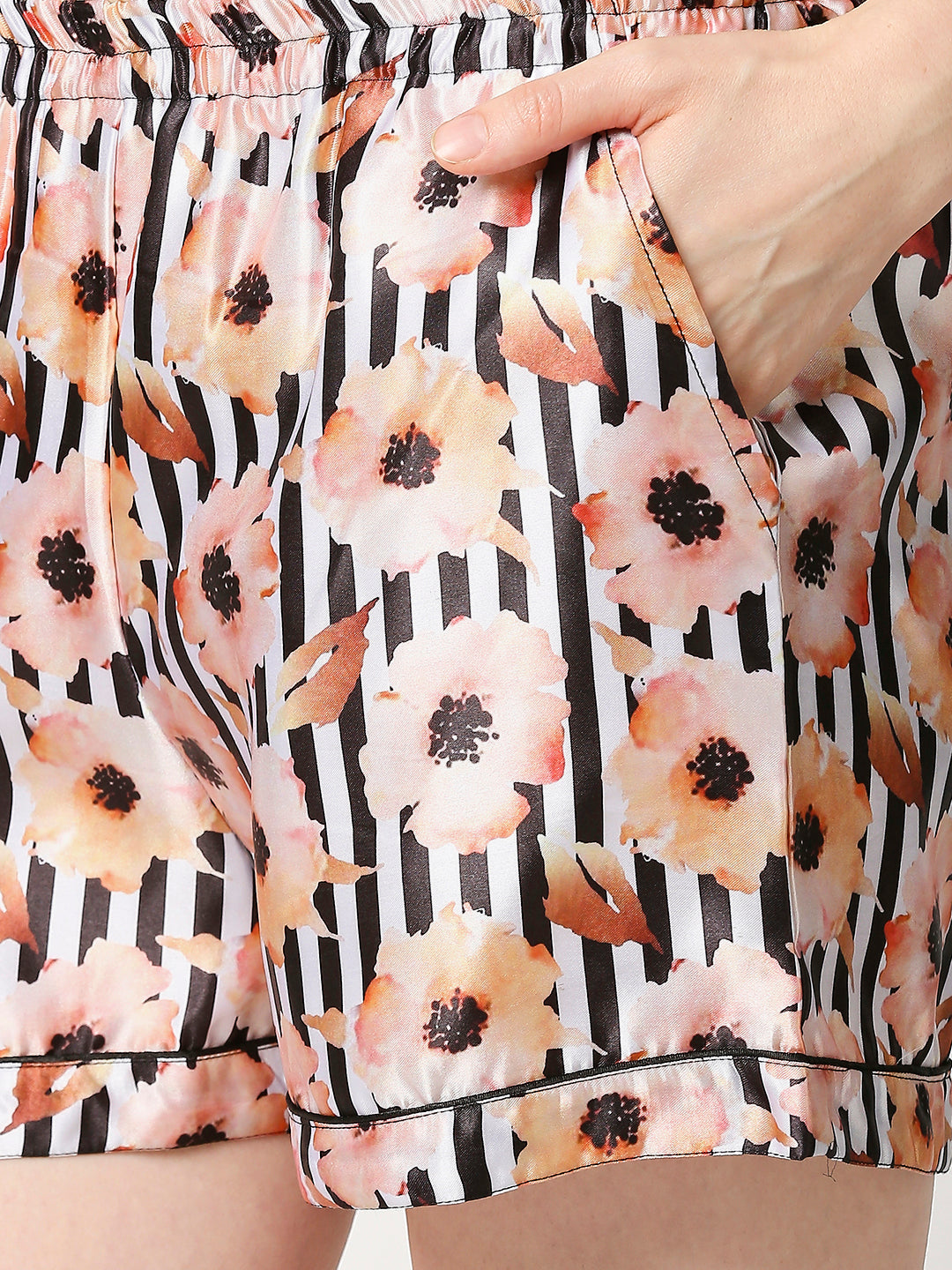 Peaches & Stripes Satin Shorts Set - Luxury Printed Button Down Pj Set