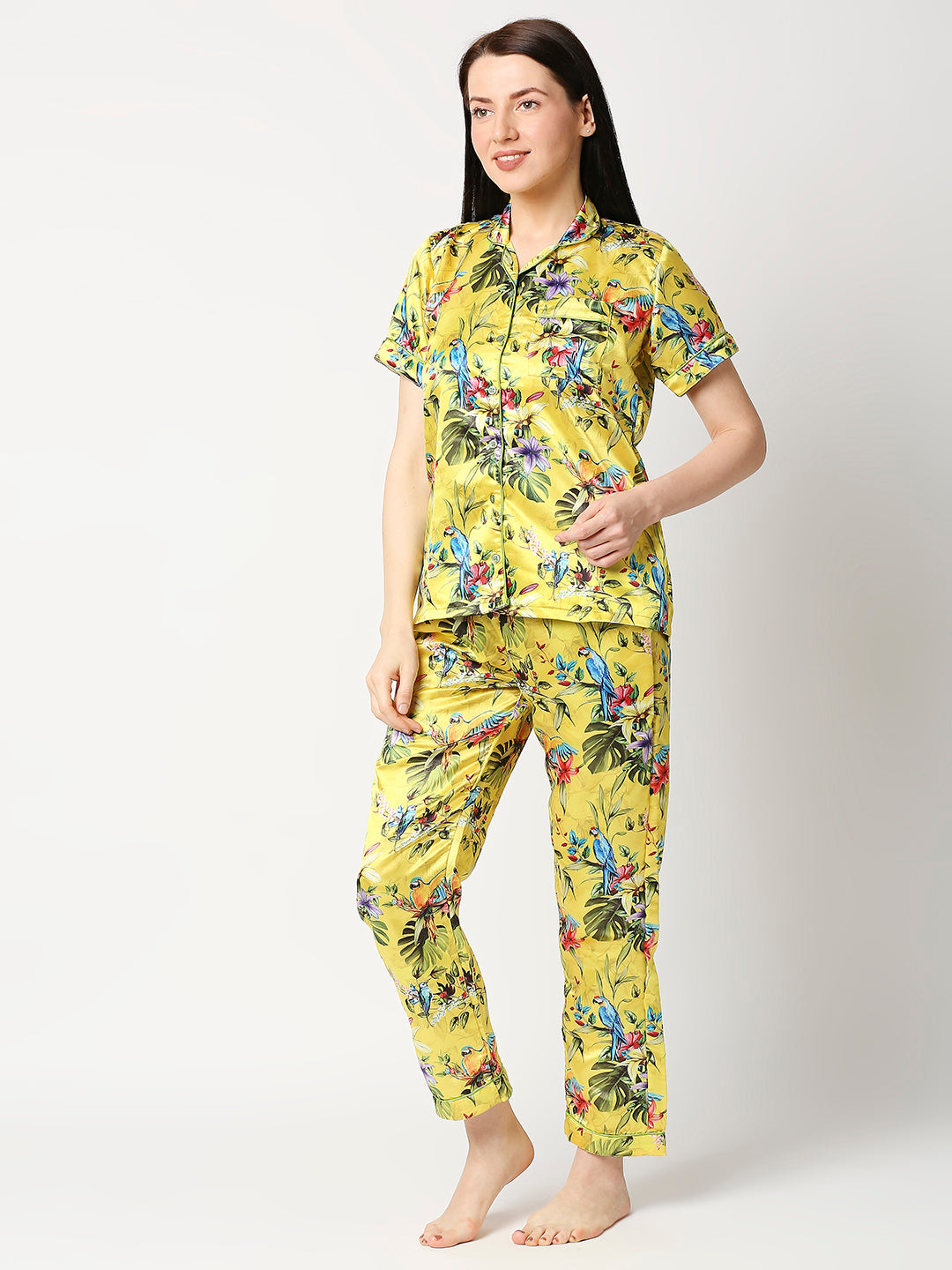 Tropical Paradise Satin Pj Set - Luxury Printed Button Down Pj Set