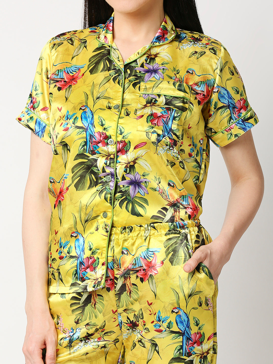 Tropical Paradise Satin Pj Set - Luxury Printed Button Down Pj Set