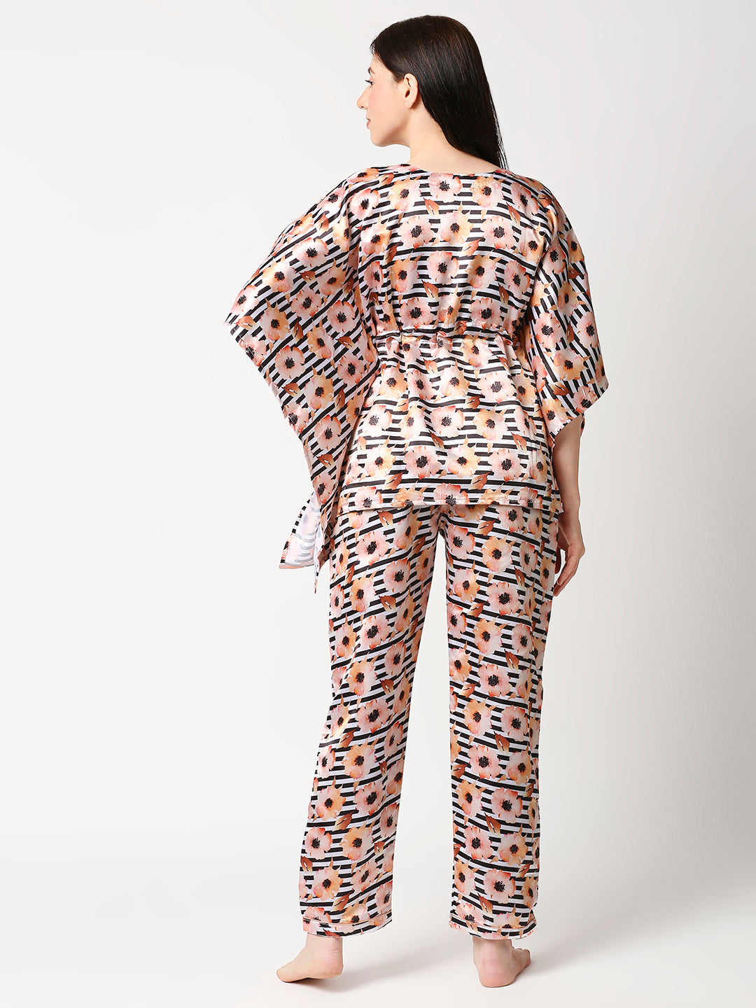 Peaches & Stripes Satin Kaftan Pj Set - Luxury Printed Kaftan Pj Set