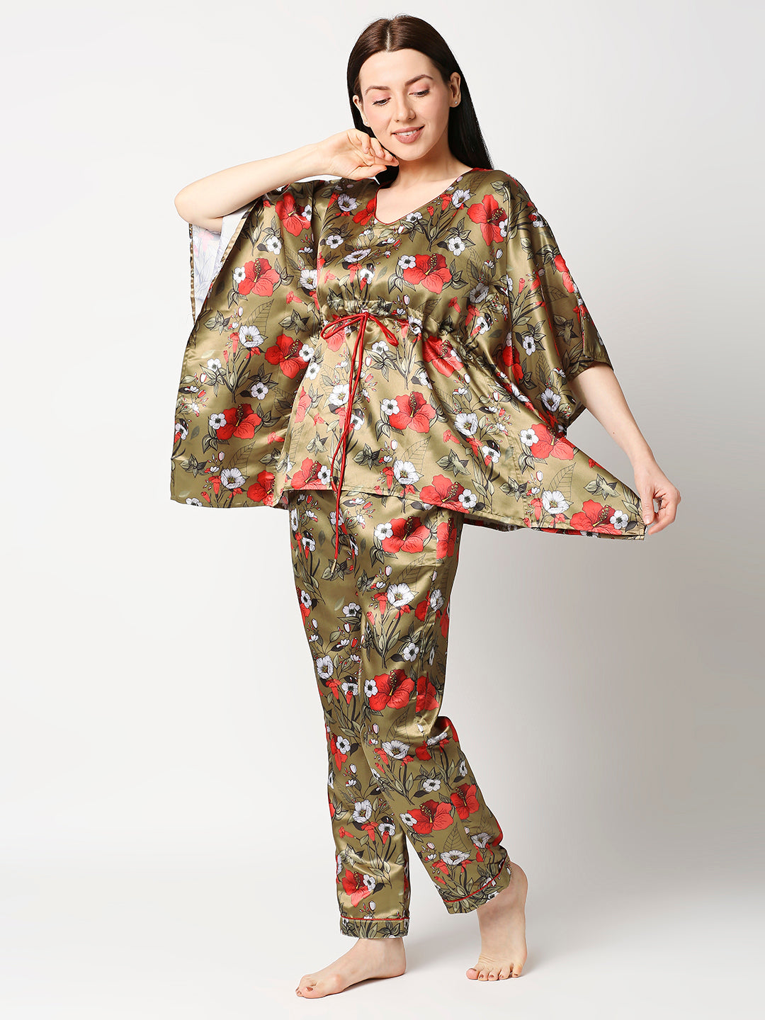 Red Hibiscus Satin Kaftan Pj Set - Luxury Printed Kaftan Pj Set