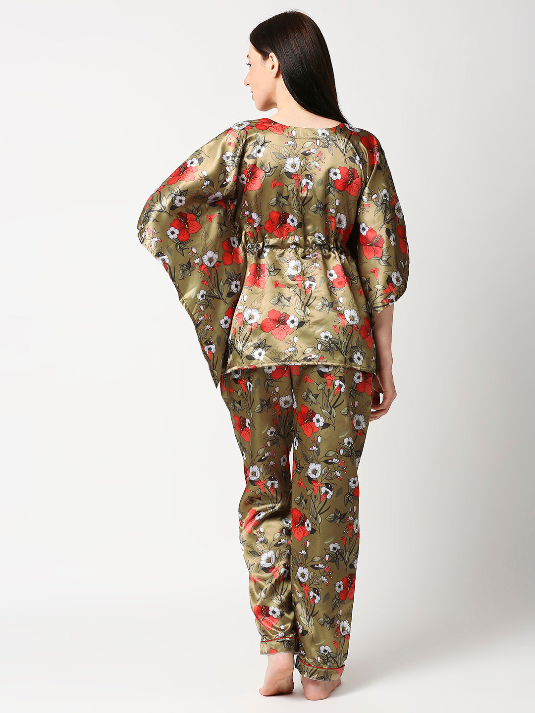 Red Hibiscus Satin Kaftan Pj Set - Luxury Printed Kaftan Pj Set