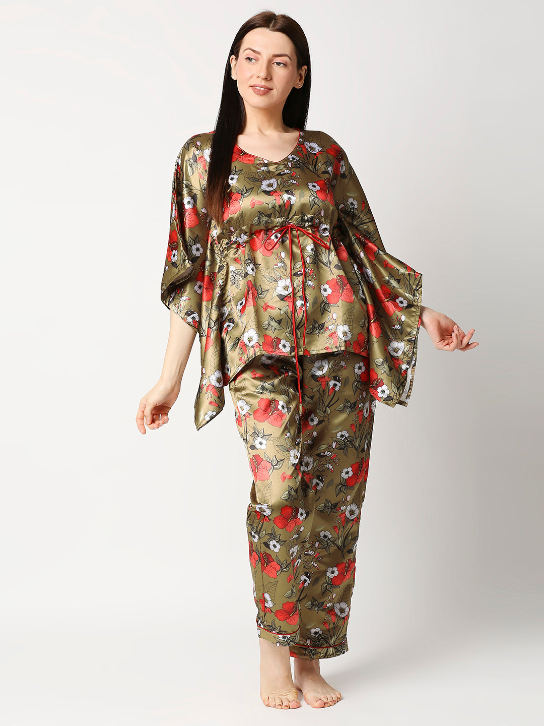 Red Hibiscus Satin Kaftan Pj Set - Luxury Printed Kaftan Pj Set