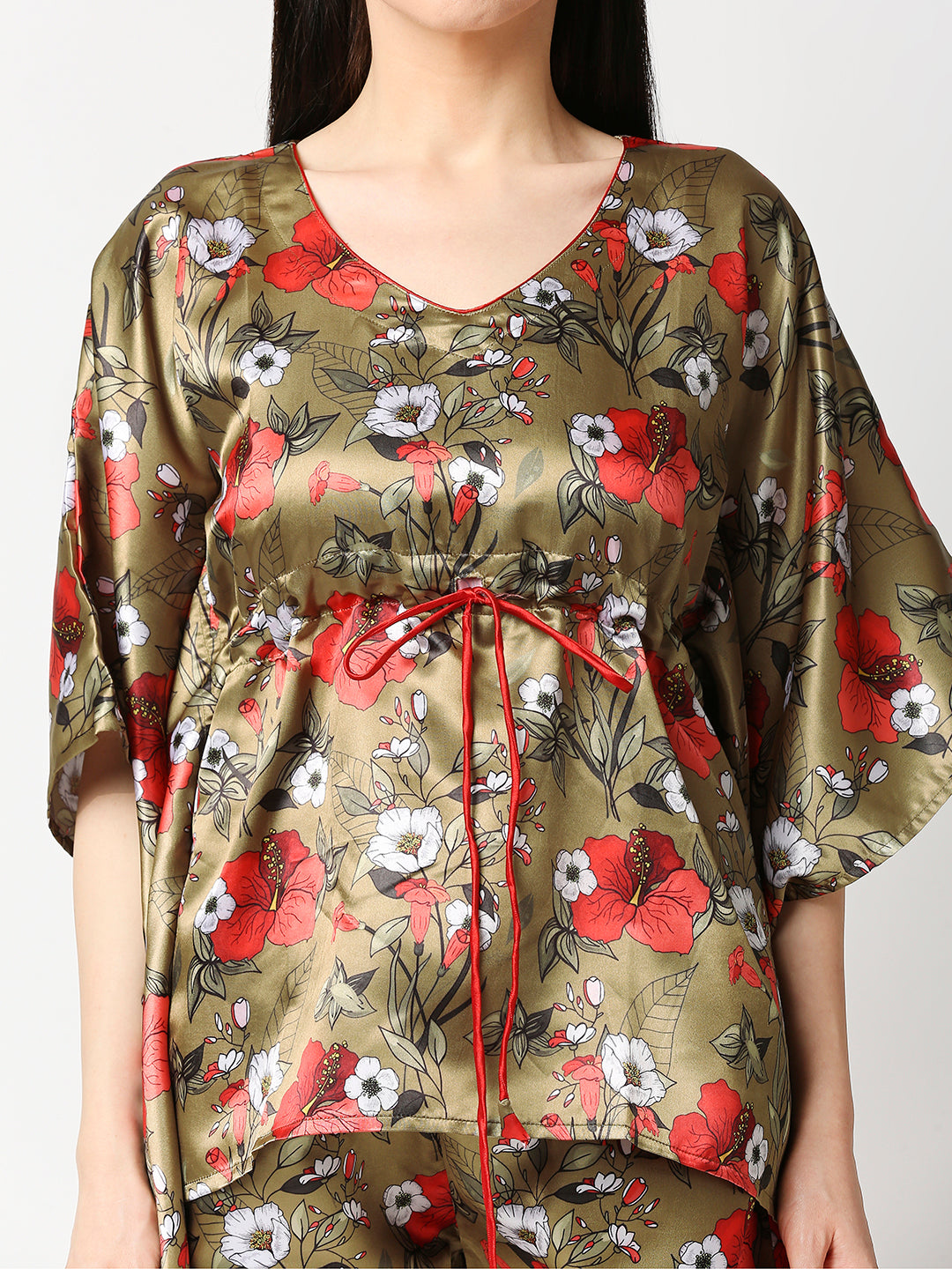 Red Hibiscus Satin Kaftan Pj Set - Luxury Printed Kaftan Pj Set