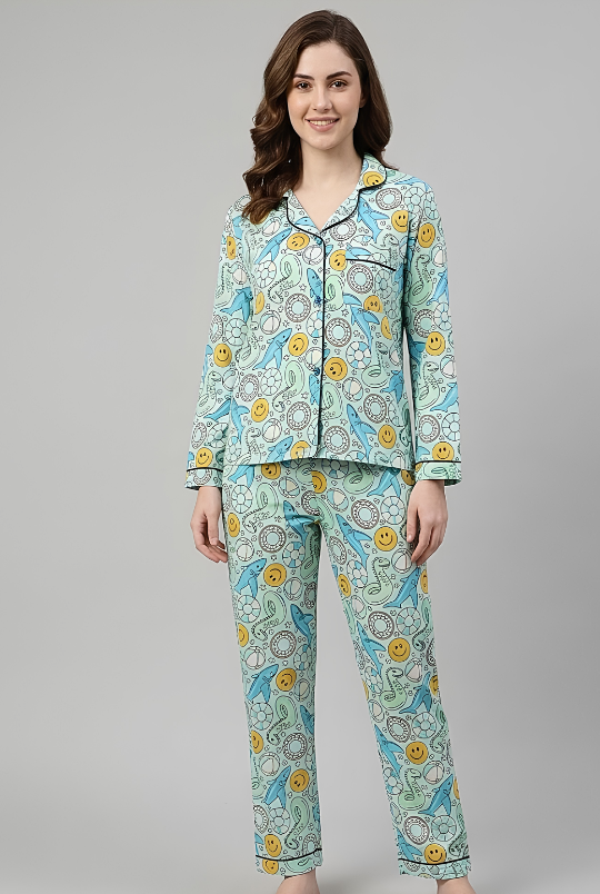 Floaties Button Down Pj Set - Pure Cotton Pj Set with Notched Collar