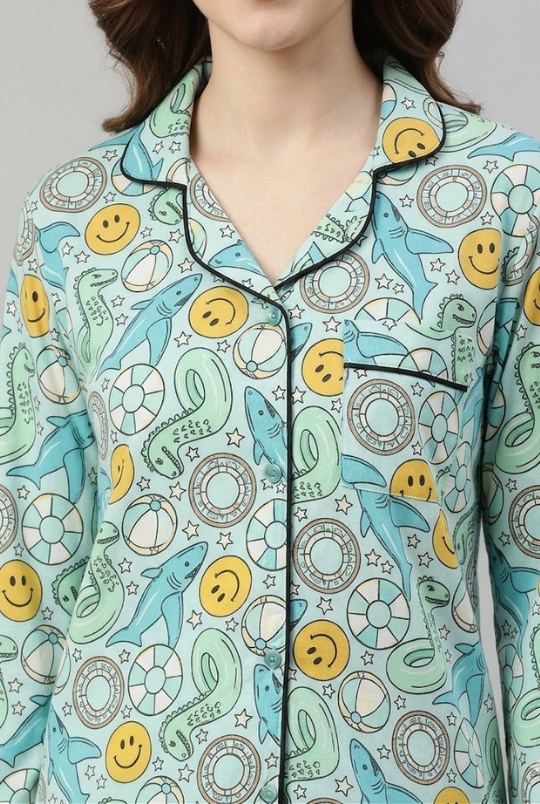 Floaties Button Down Pj Set - Pure Cotton Pj Set with Notched Collar