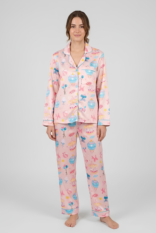 Funfair Button Down Pj Set - Pure Cotton PJ Set with Notched Collar