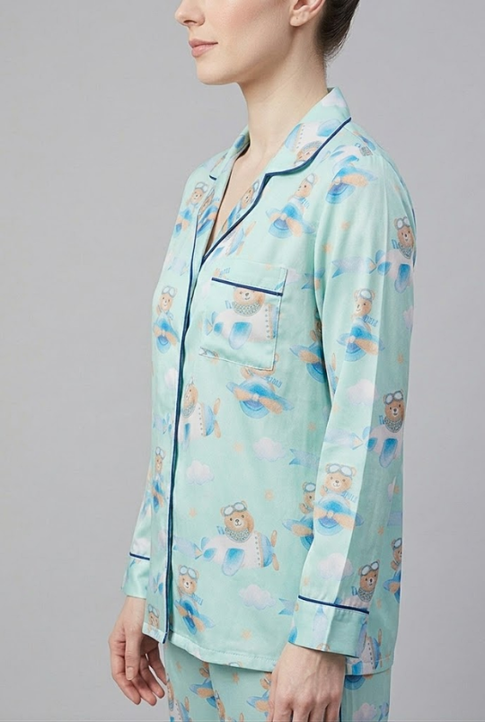 Fly High Button Down Pj Set - Pure Cotton PJ Set with Notched Collar