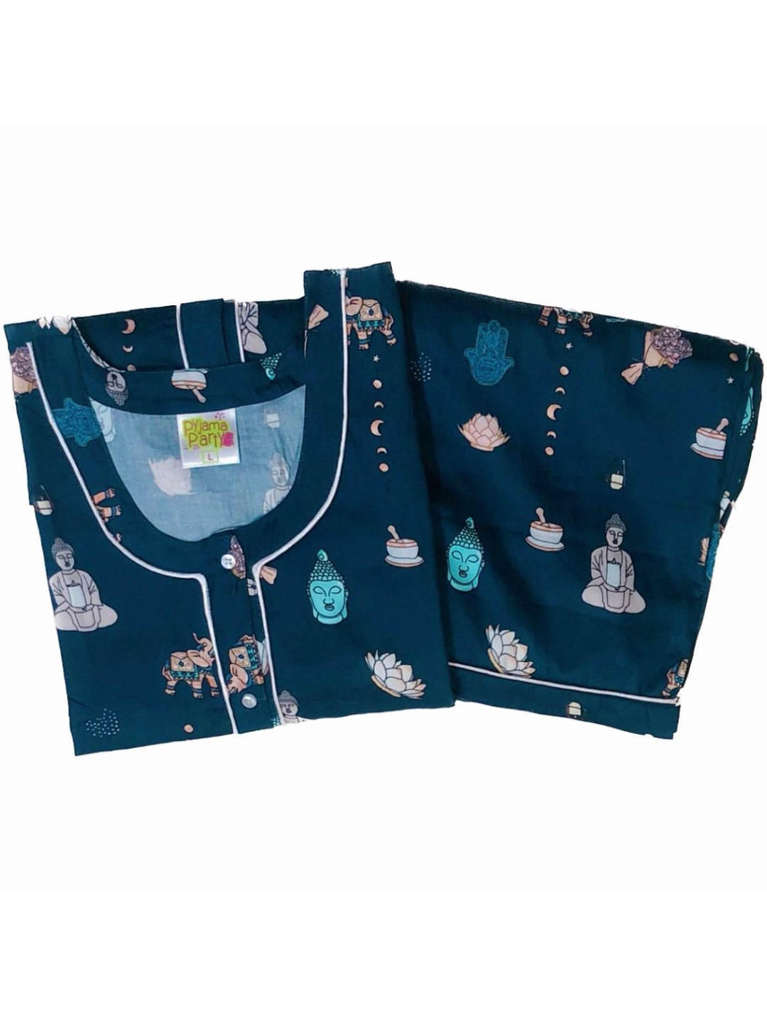 Inner Peace Henley Neck Pj Set - Pure Cotton Pj Set in Round Neckline Style