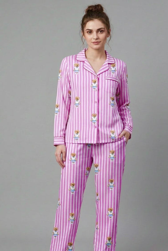 Polo Pink Button Down Pj Set - Pure Cotton PJ Set with Notched Collar