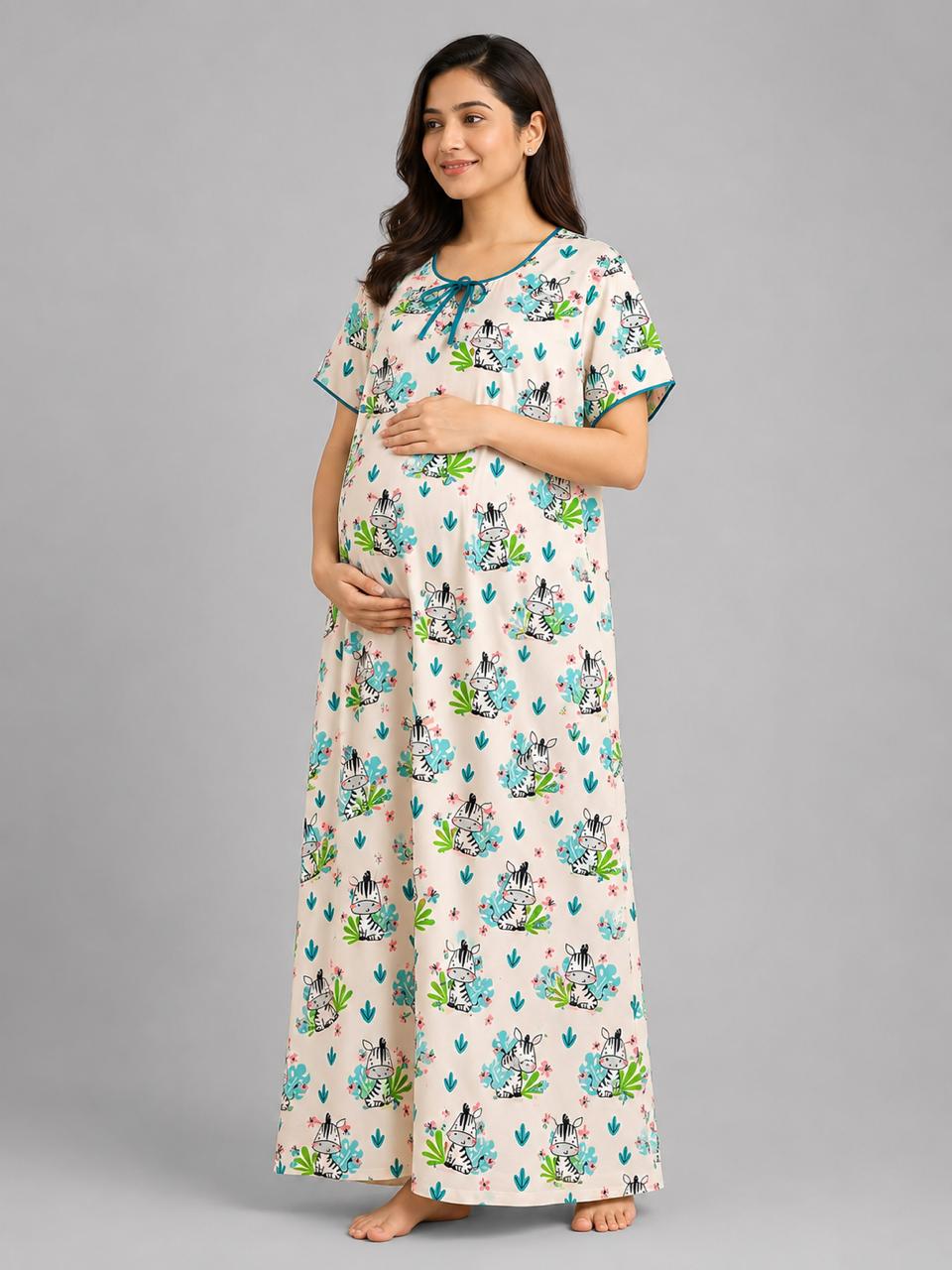 Baby Zee Maternity Gown - Pure Cotton Round Neck Gown with 2 Invisible Zips for Feeding