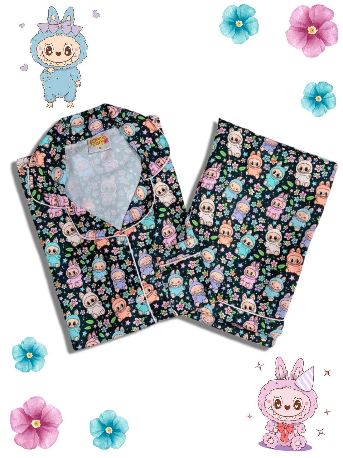 Black Labubu Kids Pj Set - Cotton Rayon Pj Set with Notched Collar