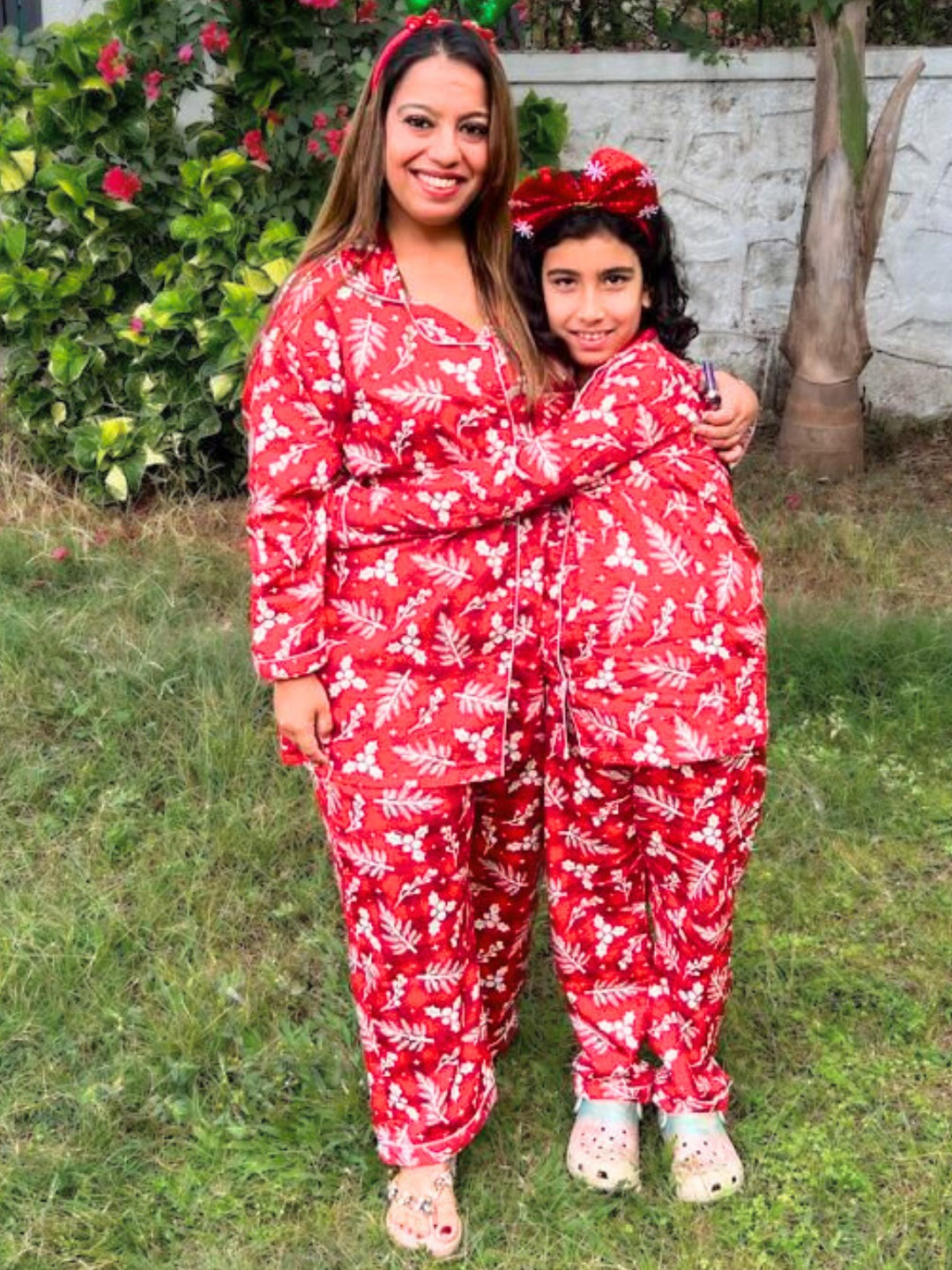 Crimson Christmas Pure Cotton Mom & Kids Twinning Pj Set