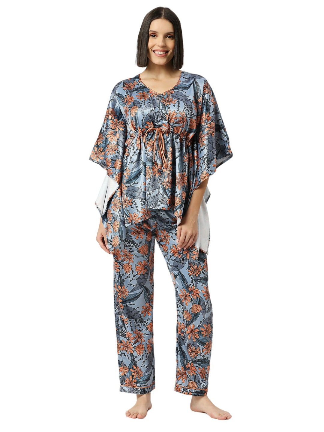 Peach Florista Satin Kaftan Pj Set - Luxury Printed Kaftan Pj Set
