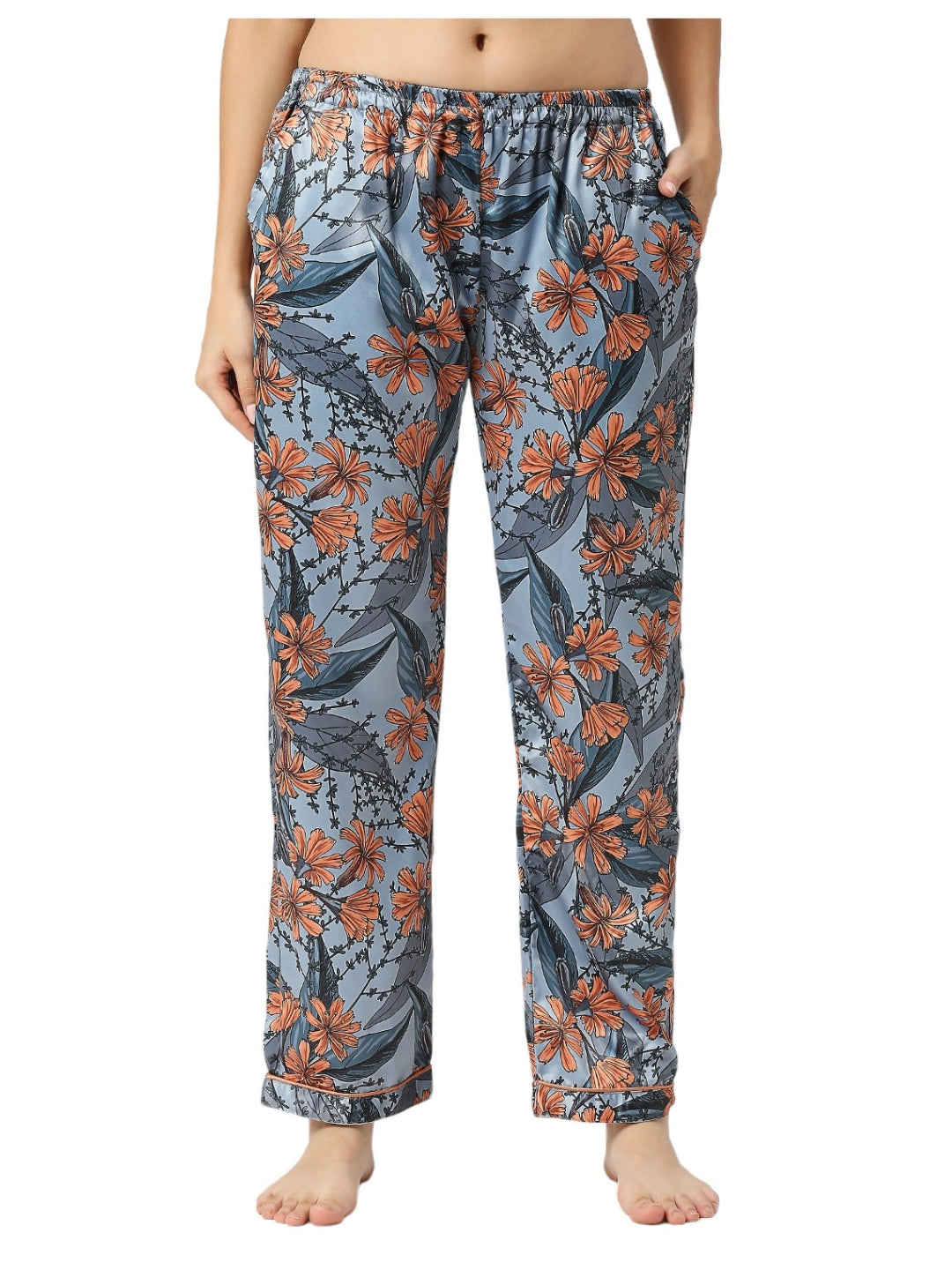 Peach Florista Satin Kaftan Pj Set - Luxury Printed Kaftan Pj Set